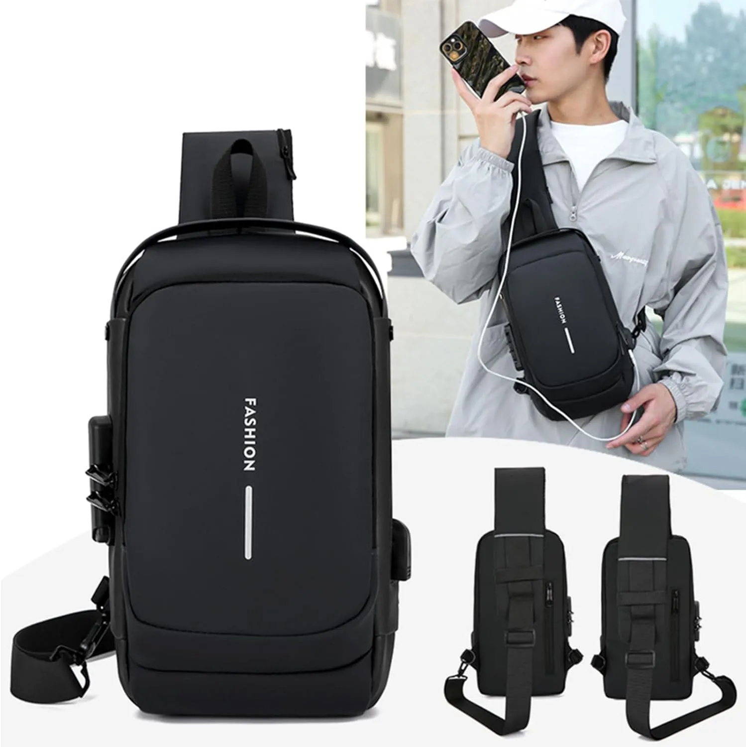 New Carbon Fiber Streamline Anti-Theft Sport Sling Bag, Waterproof Shoulder Backpack with USB Charging Port Daypack (Black)