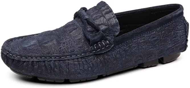 New Loafers for Men Solid Color Crocodile Print Driving Style Loafer Nubuck Leather Flat Heel Lightweight Anti-Slip Fashion Walking Slip-on