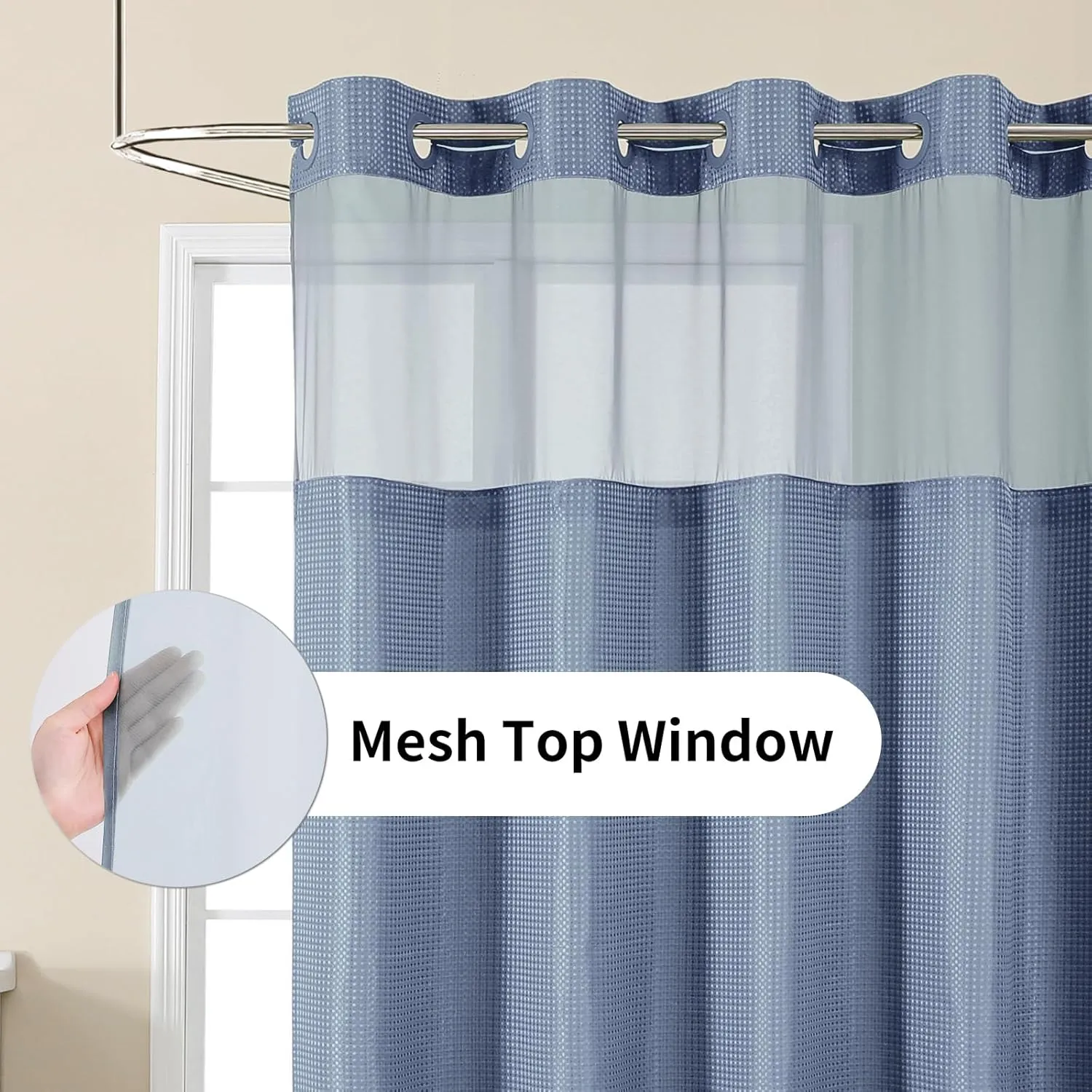 No Hook Shower Curtain with Snap in Fabric Liner, Waffle Weave Heavy Duty Thick Shower Curtains with Mesh Top Window, Hotel Style Waterproof Bathroom Curtain Set, 72 x 81 Inch, Moonlight Blue