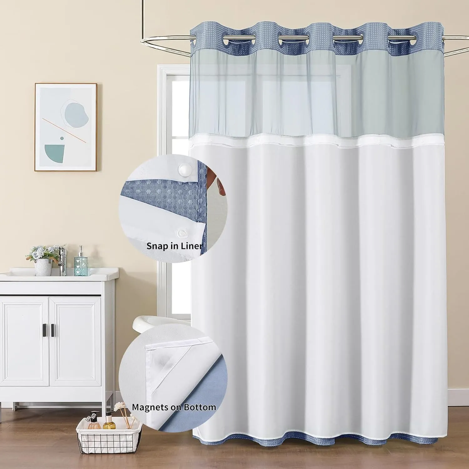 No Hook Shower Curtain with Snap in Fabric Liner, Waffle Weave Heavy Duty Thick Shower Curtains with Mesh Top Window, Hotel Style Waterproof Bathroom Curtain Set, 72 x 81 Inch, Moonlight Blue