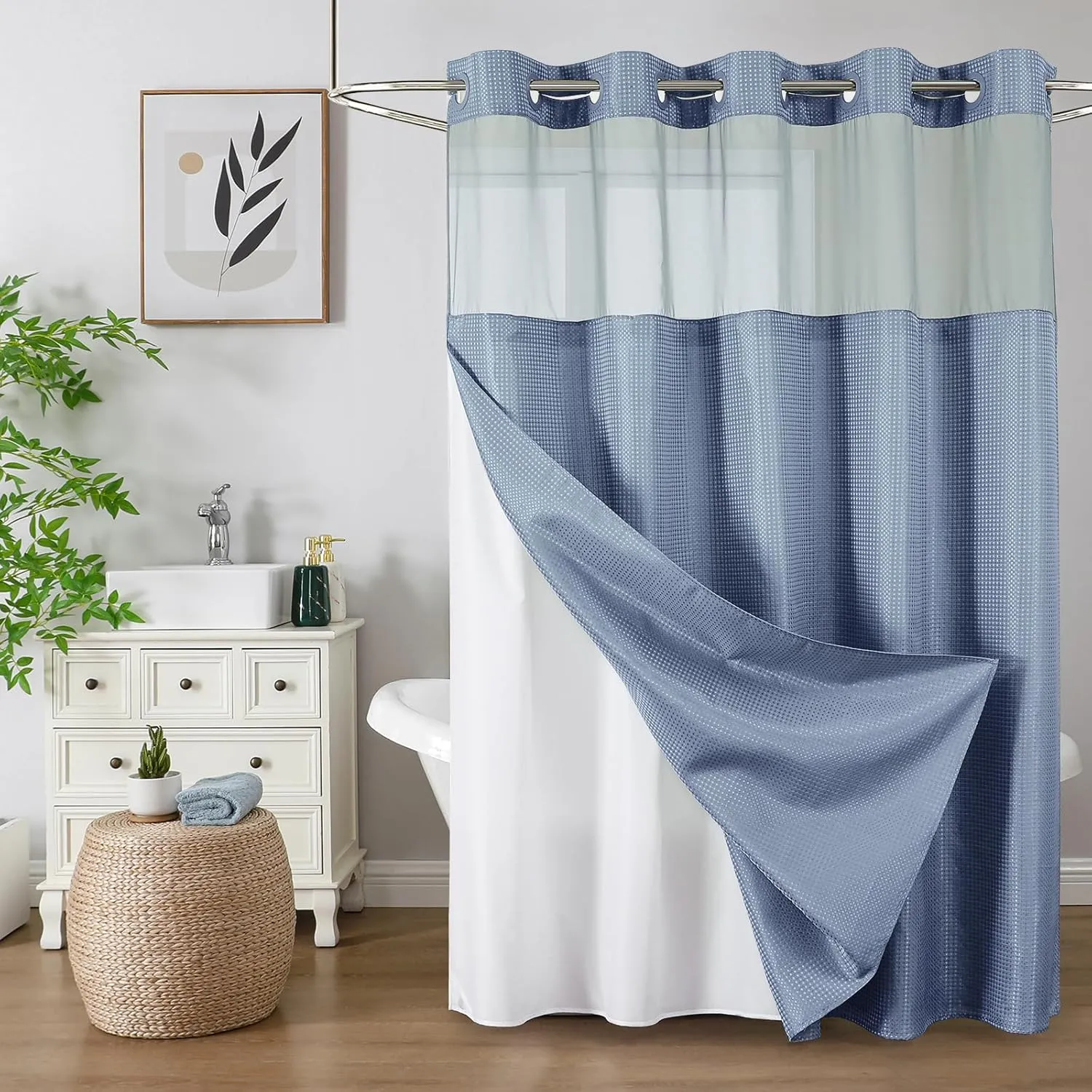 No Hook Shower Curtain with Snap in Fabric Liner, Waffle Weave Heavy Duty Thick Shower Curtains with Mesh Top Window, Hotel Style Waterproof Bathroom Curtain Set, 72 x 81 Inch, Moonlight Blue