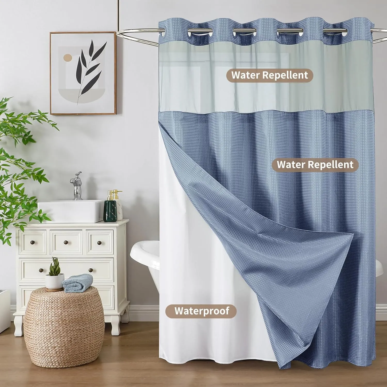 No Hook Shower Curtain with Snap in Fabric Liner, Waffle Weave Heavy Duty Thick Shower Curtains with Mesh Top Window, Hotel Style Waterproof Bathroom Curtain Set, 72 x 81 Inch, Moonlight Blue