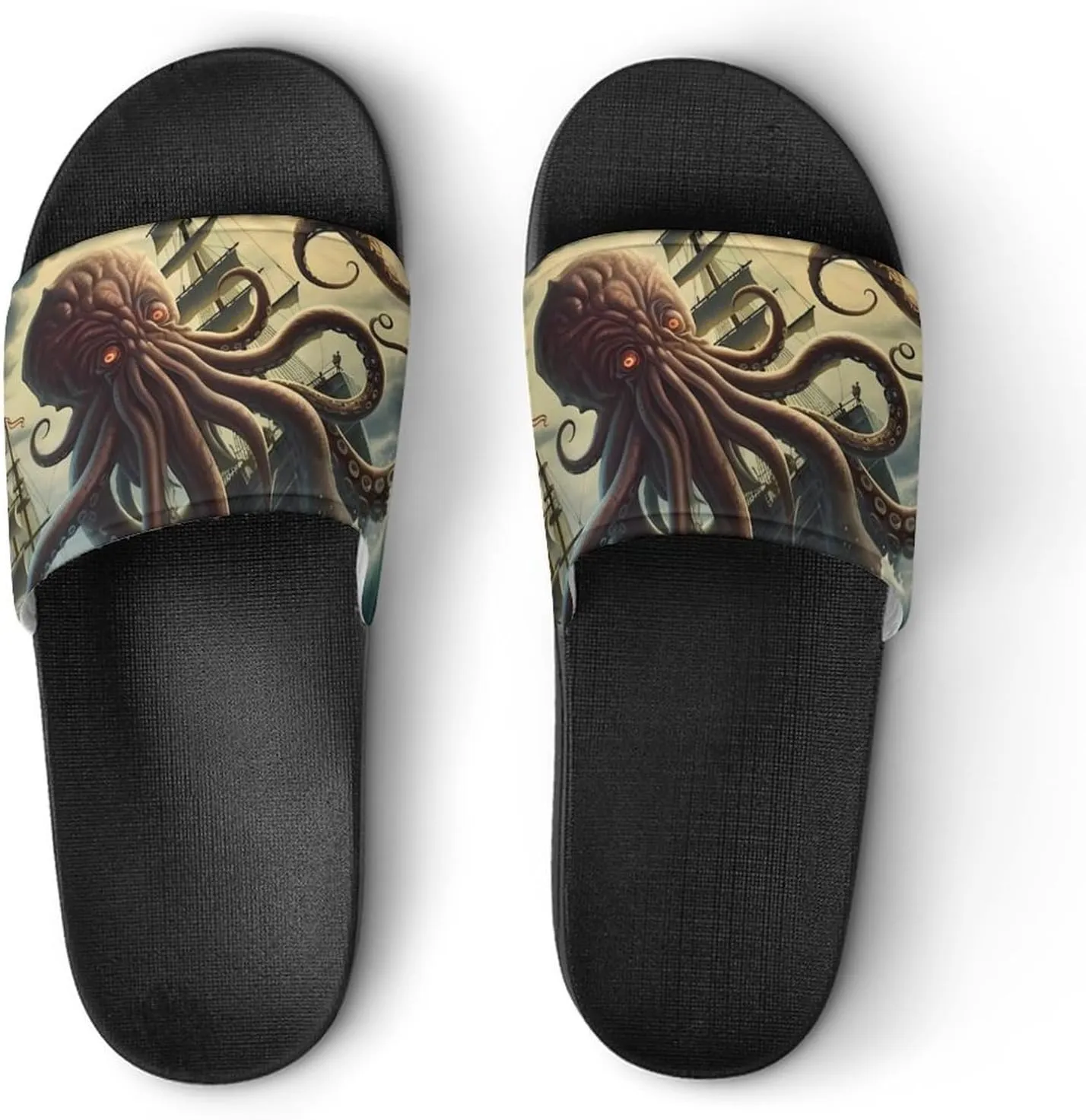 Octopus Monster Storm Waves and Sailors Ship Men's Slide Sandal Non Slip Shower Shoes Bathroom Slippers for Pool Beach