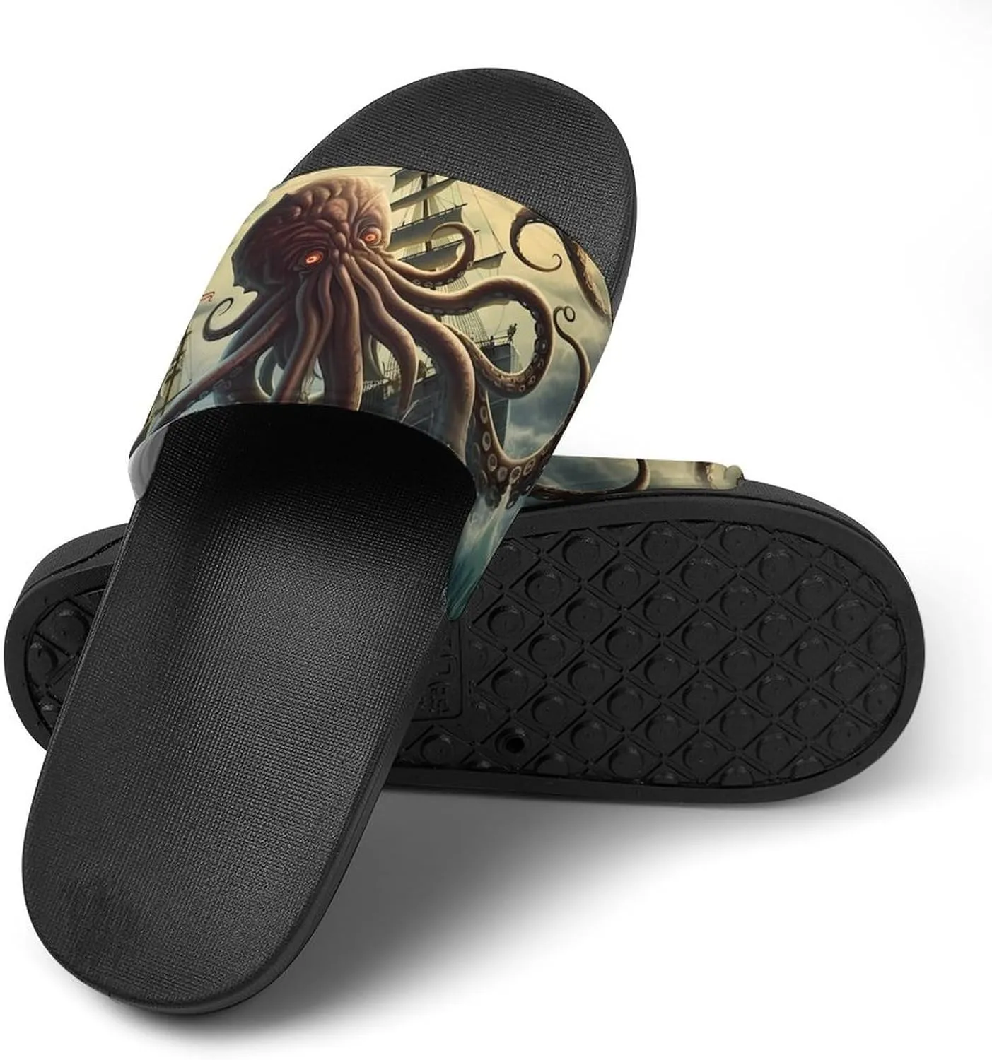 Octopus Monster Storm Waves and Sailors Ship Men's Slide Sandal Non Slip Shower Shoes Bathroom Slippers for Pool Beach