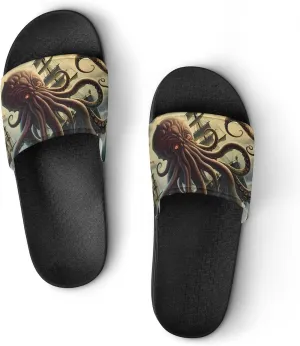 Octopus Monster Storm Waves and Sailors Ship Men's Slide Sandal Non Slip Shower Shoes Bathroom Slippers for Pool Beach