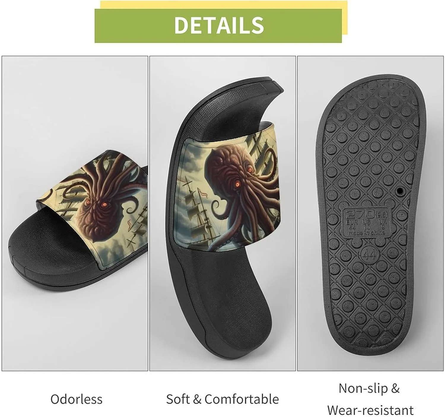 Octopus Monster Storm Waves and Sailors Ship Men's Slide Sandal Non Slip Shower Shoes Bathroom Slippers for Pool Beach