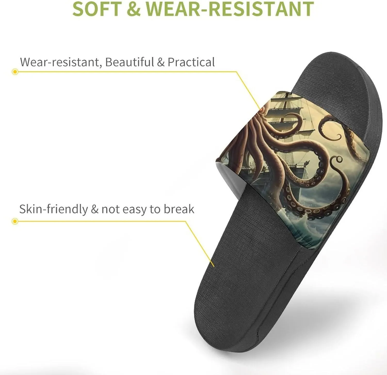 Octopus Monster Storm Waves and Sailors Ship Men's Slide Sandal Non Slip Shower Shoes Bathroom Slippers for Pool Beach