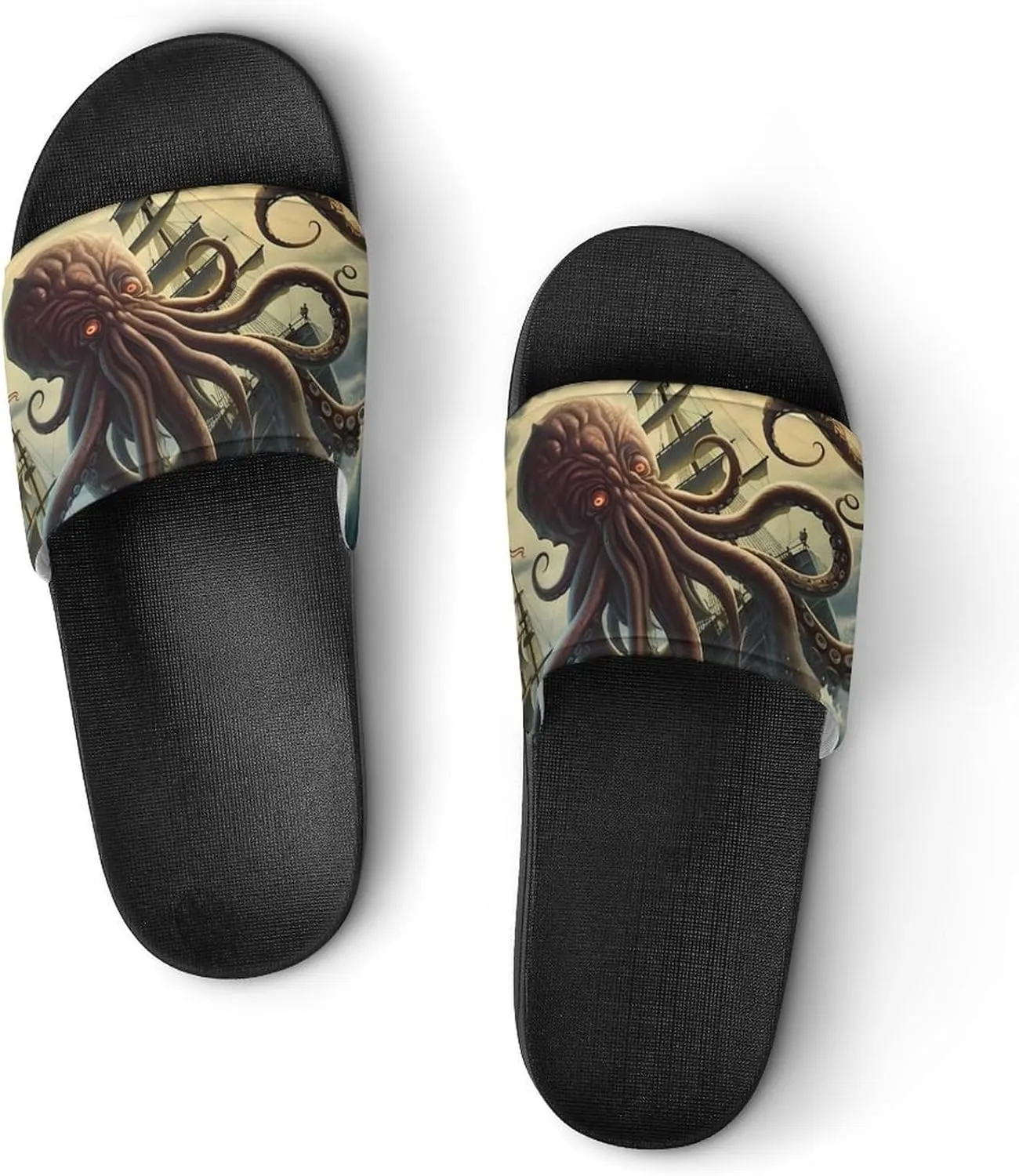 Octopus Monster Storm Waves and Sailors Ship Men's Slide Sandal Non Slip Shower Shoes Bathroom Slippers for Pool Beach