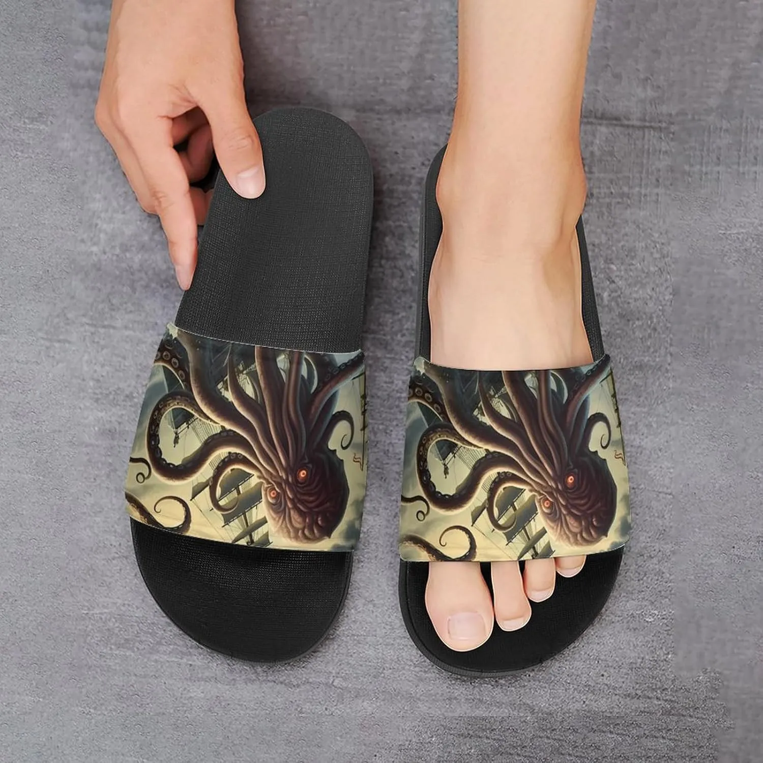 Octopus Monster Storm Waves and Sailors Ship Men's Slide Sandal Non Slip Shower Shoes Bathroom Slippers for Pool Beach