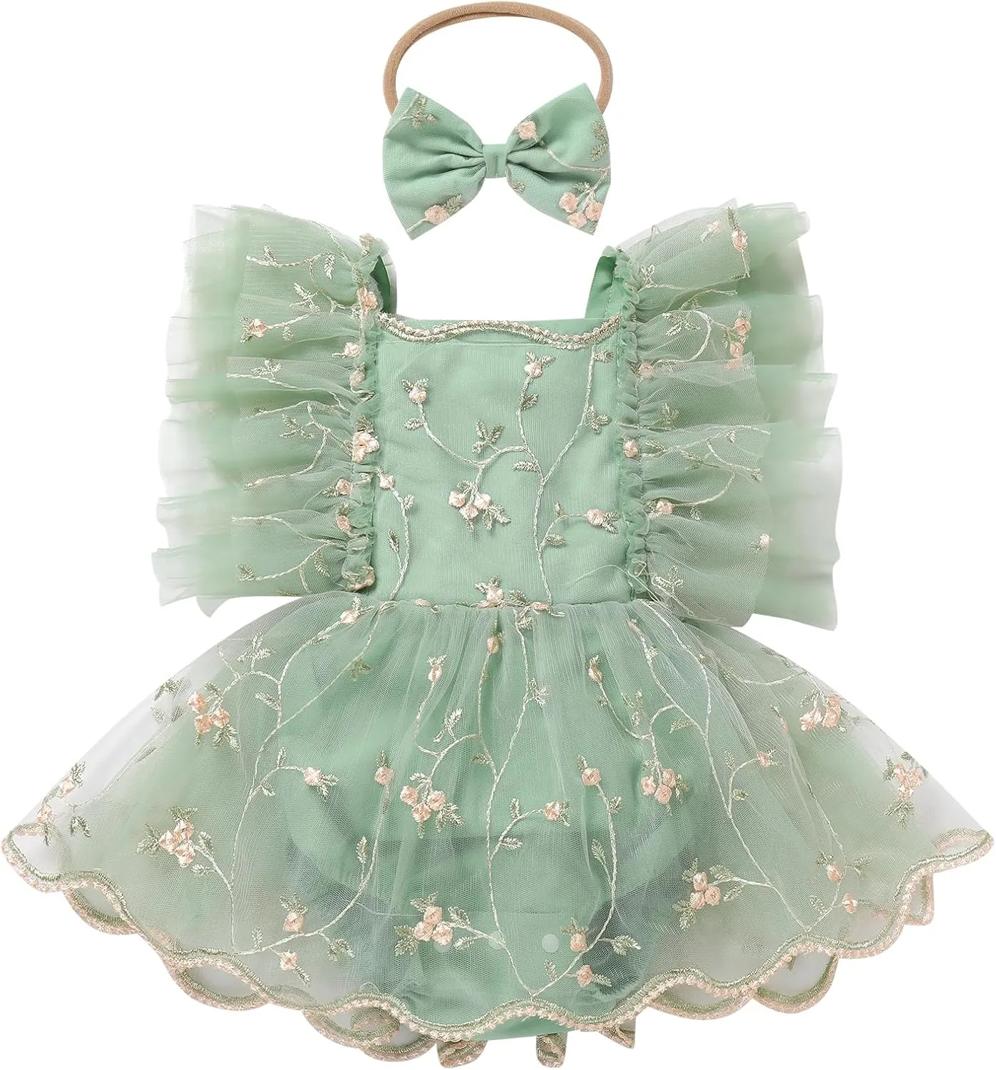 ODASDO Baby Girl Floral Embroidery Tulle Tutu Princess Romper Dress First Birthday Cake Smash Outfit with Bowknot Headband