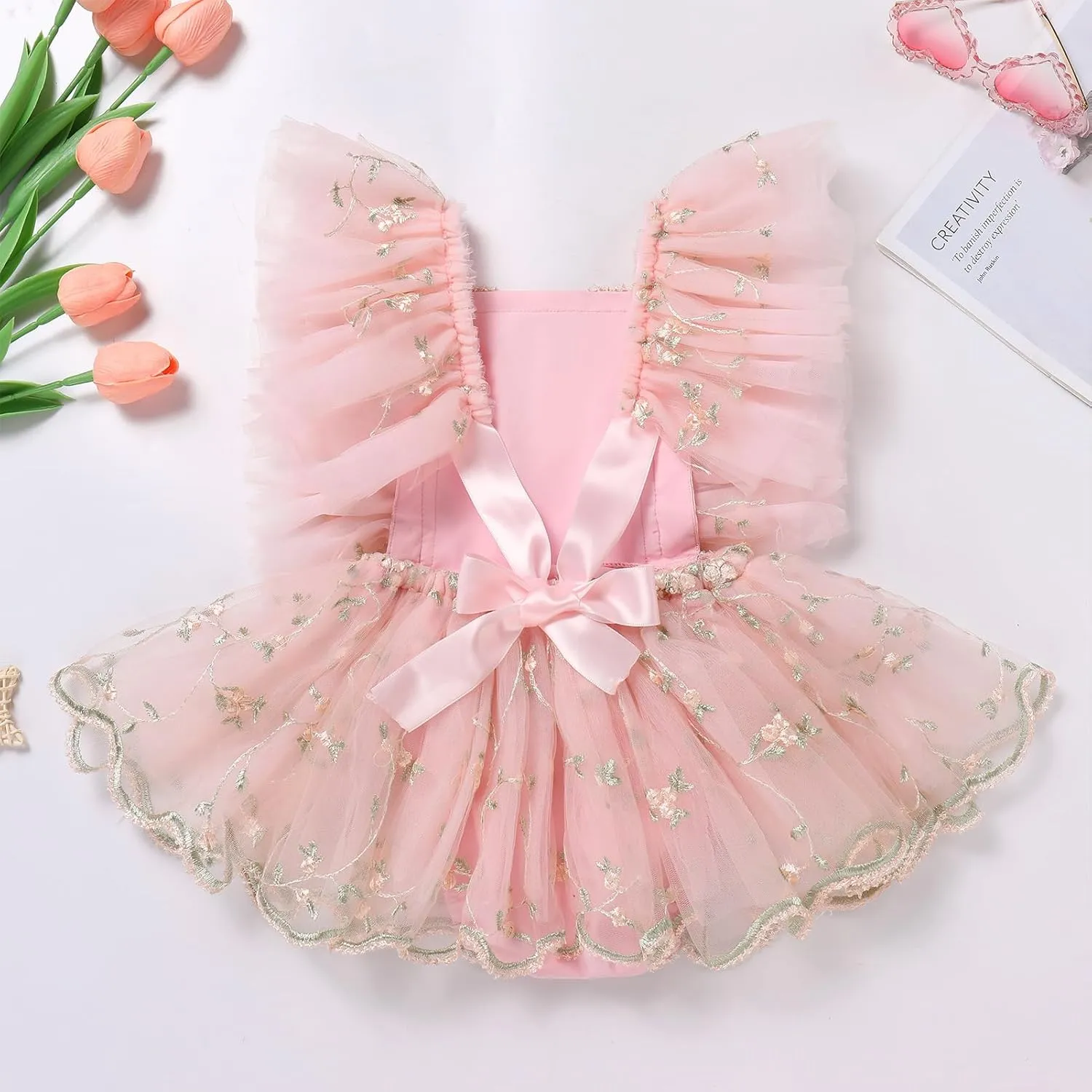 ODASDO Baby Girl Floral Embroidery Tulle Tutu Princess Romper Dress First Birthday Cake Smash Outfit with Bowknot Headband
