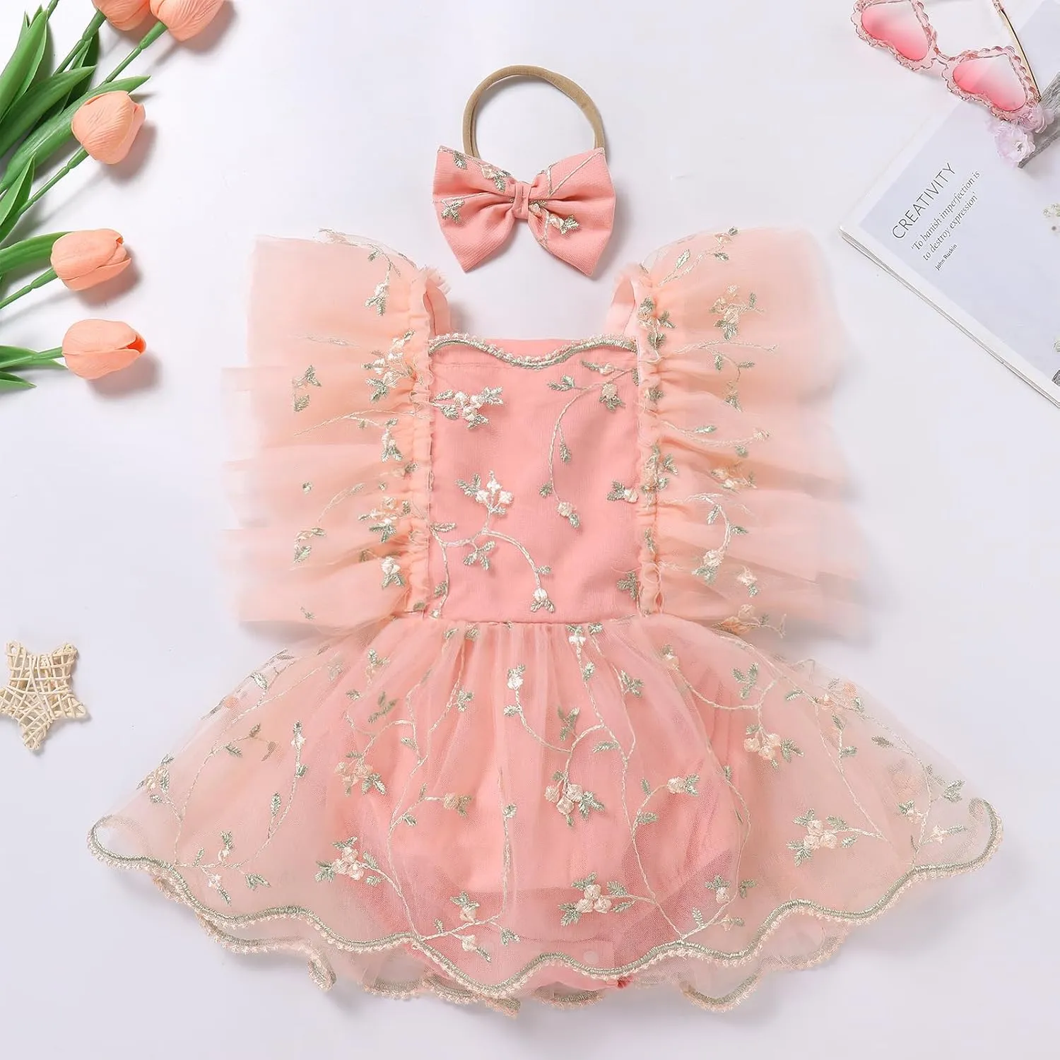 ODASDO Baby Girl Floral Embroidery Tulle Tutu Princess Romper Dress First Birthday Cake Smash Outfit with Bowknot Headband