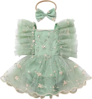 ODASDO Baby Girl Floral Embroidery Tulle Tutu Princess Romper Dress First Birthday Cake Smash Outfit with Bowknot Headband