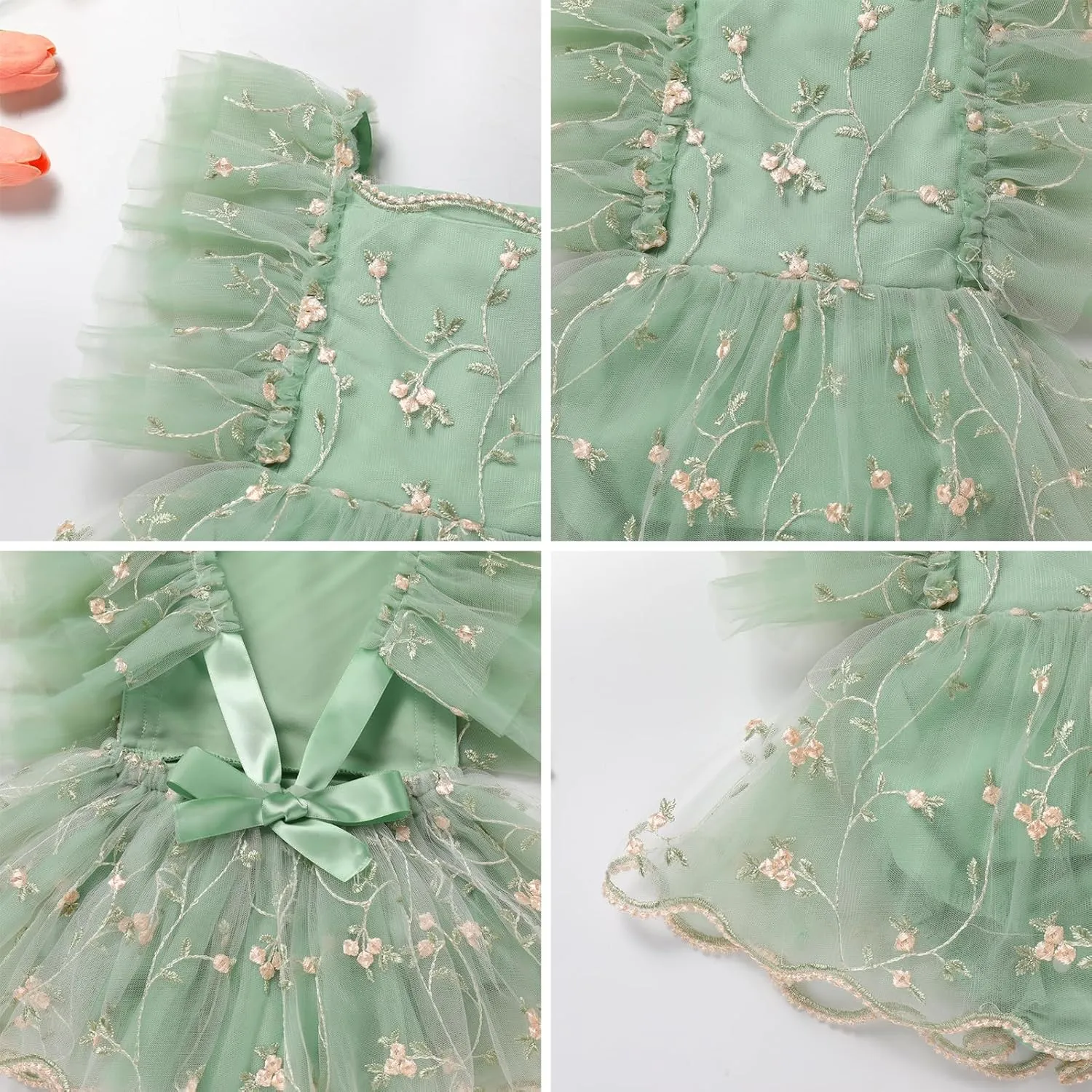 ODASDO Baby Girl Floral Embroidery Tulle Tutu Princess Romper Dress First Birthday Cake Smash Outfit with Bowknot Headband