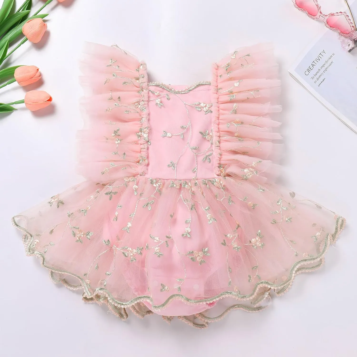 ODASDO Baby Girl Floral Embroidery Tulle Tutu Princess Romper Dress First Birthday Cake Smash Outfit with Bowknot Headband