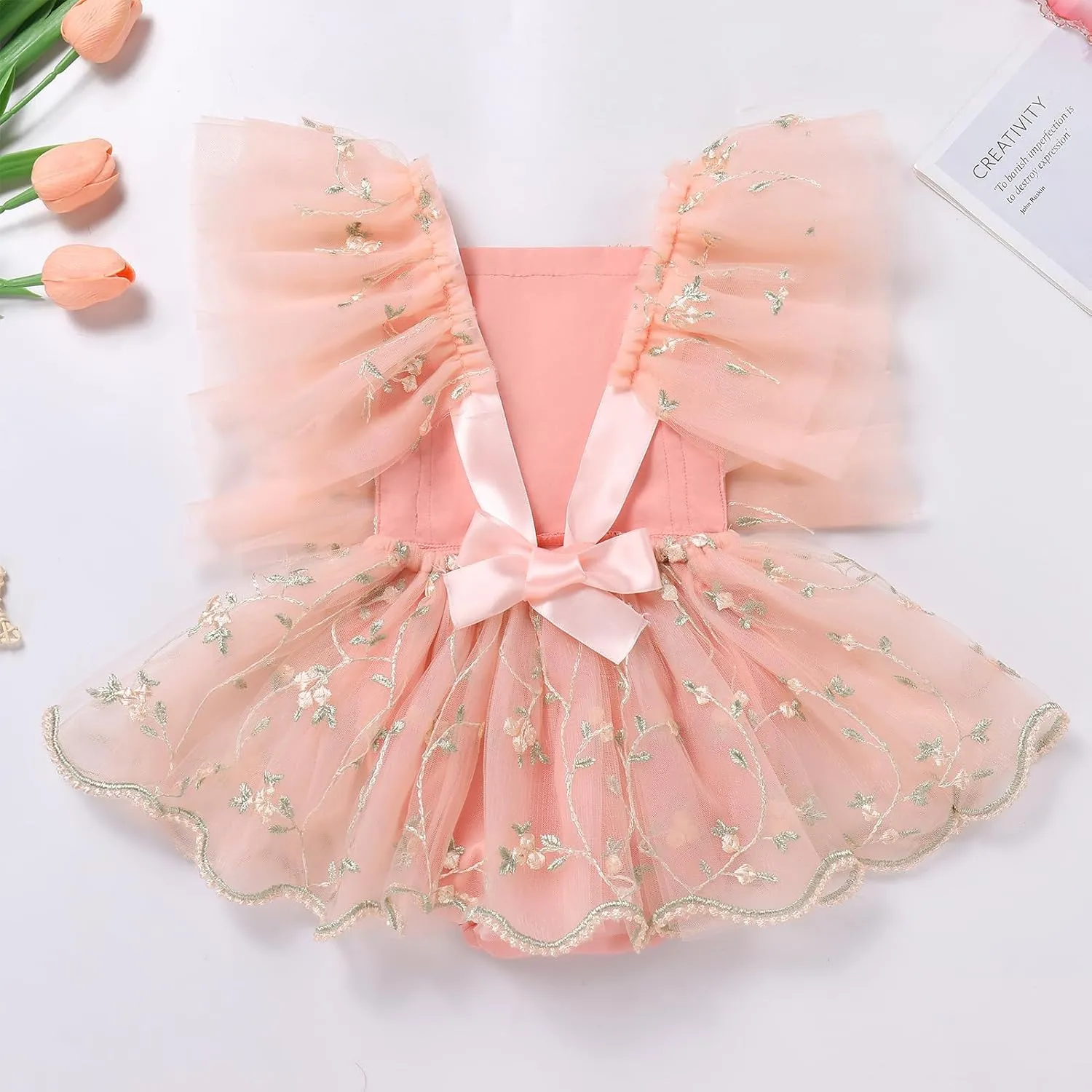 ODASDO Baby Girl Floral Embroidery Tulle Tutu Princess Romper Dress First Birthday Cake Smash Outfit with Bowknot Headband