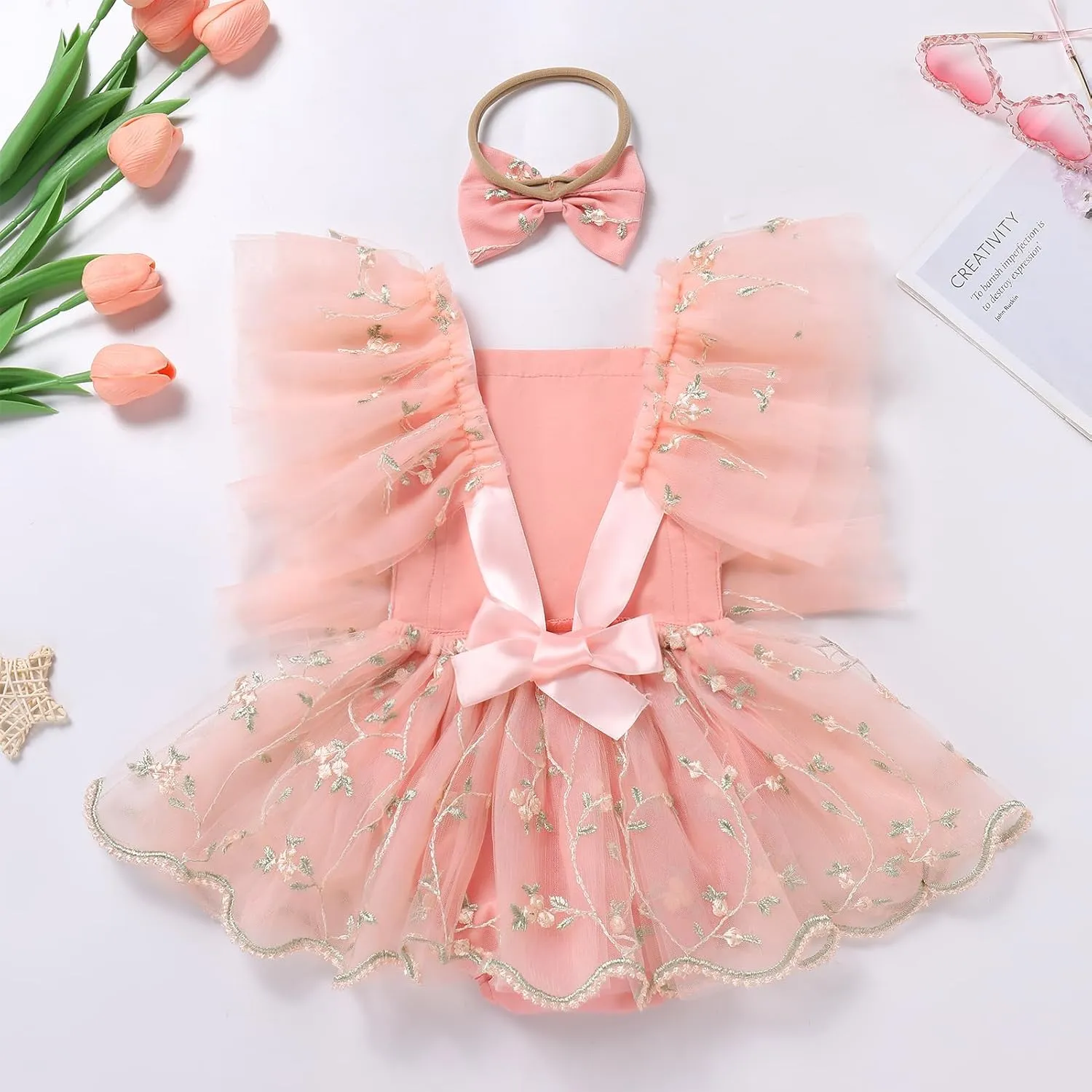 ODASDO Baby Girl Floral Embroidery Tulle Tutu Princess Romper Dress First Birthday Cake Smash Outfit with Bowknot Headband