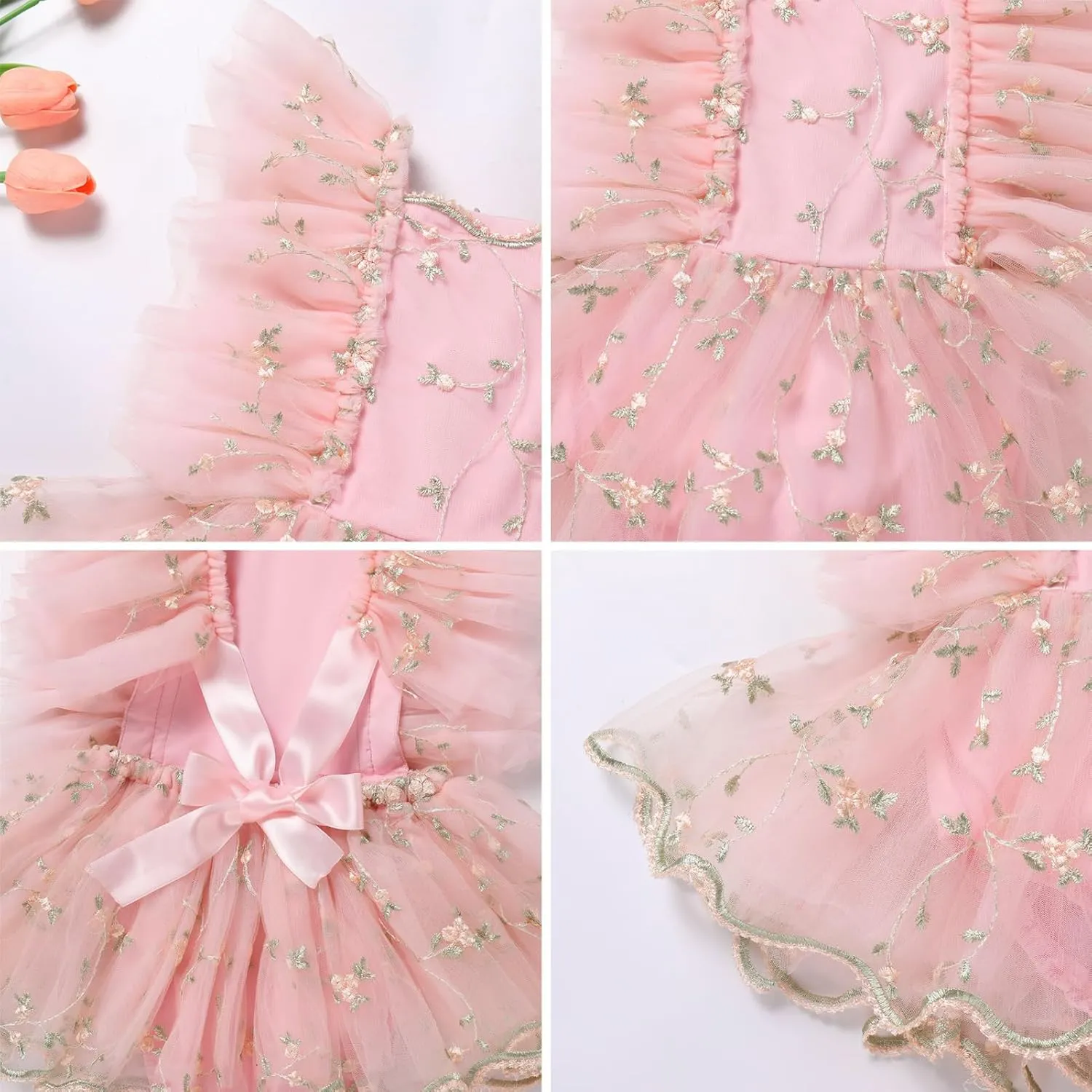 ODASDO Baby Girl Floral Embroidery Tulle Tutu Princess Romper Dress First Birthday Cake Smash Outfit with Bowknot Headband