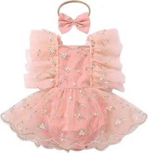 ODASDO Baby Girl Floral Embroidery Tulle Tutu Princess Romper Dress First Birthday Cake Smash Outfit with Bowknot Headband