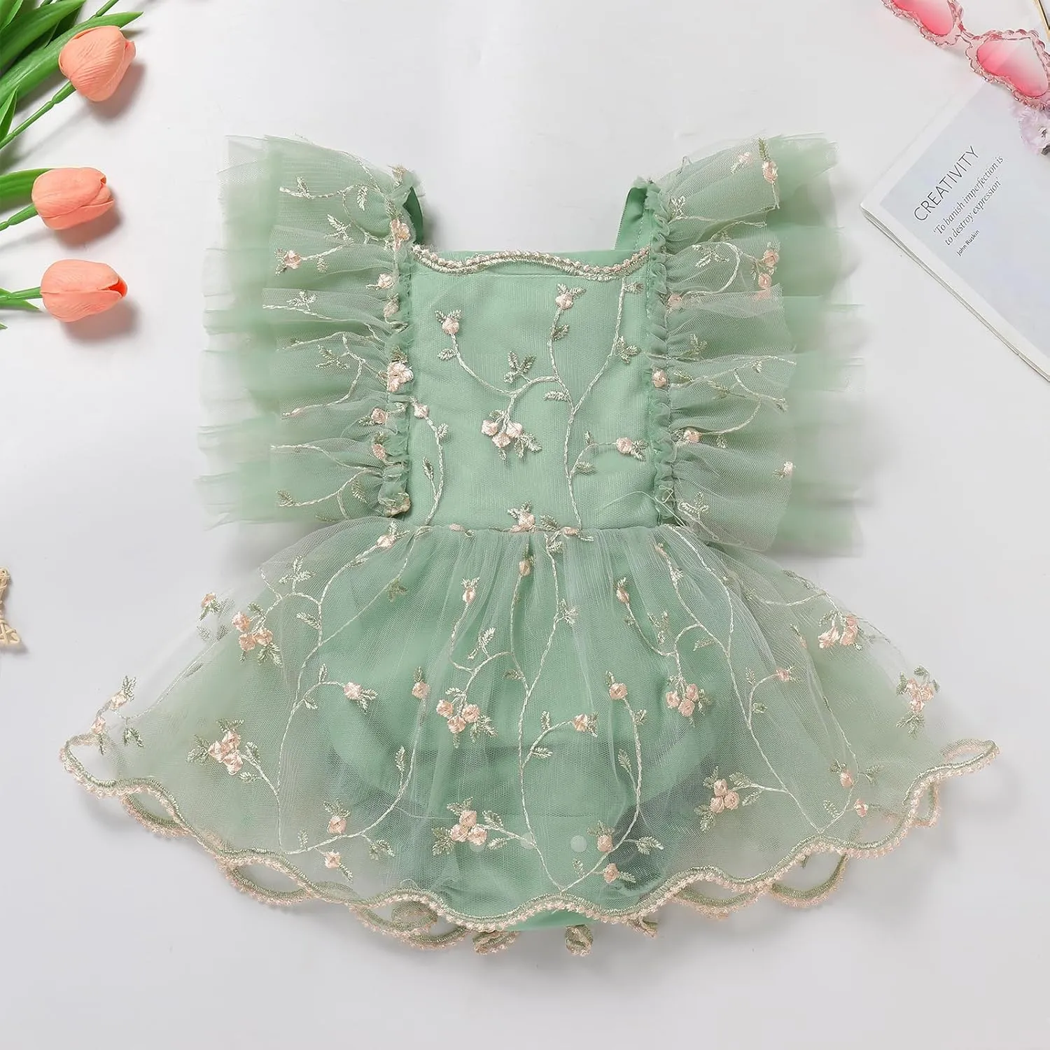 ODASDO Baby Girl Floral Embroidery Tulle Tutu Princess Romper Dress First Birthday Cake Smash Outfit with Bowknot Headband