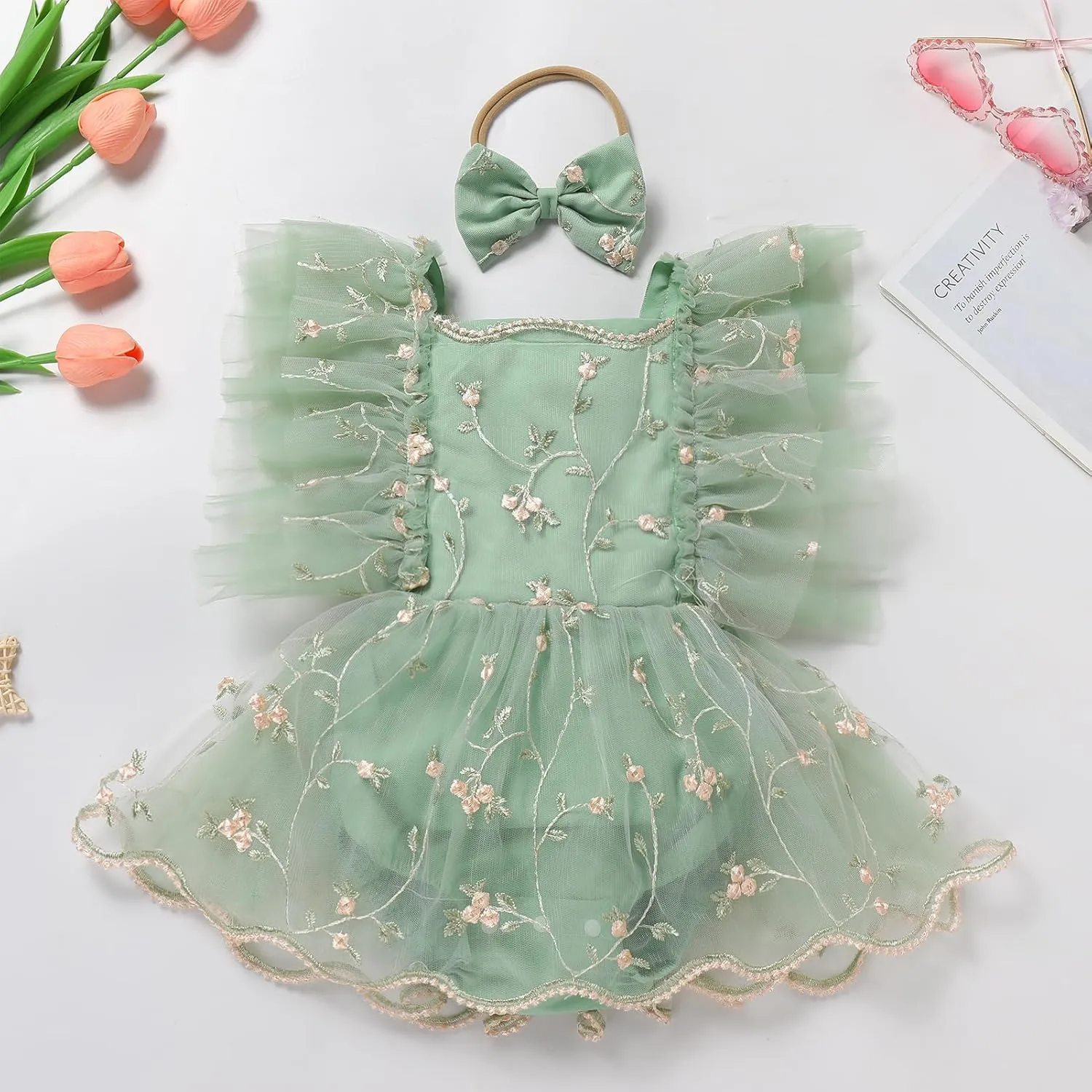 ODASDO Baby Girl Floral Embroidery Tulle Tutu Princess Romper Dress First Birthday Cake Smash Outfit with Bowknot Headband
