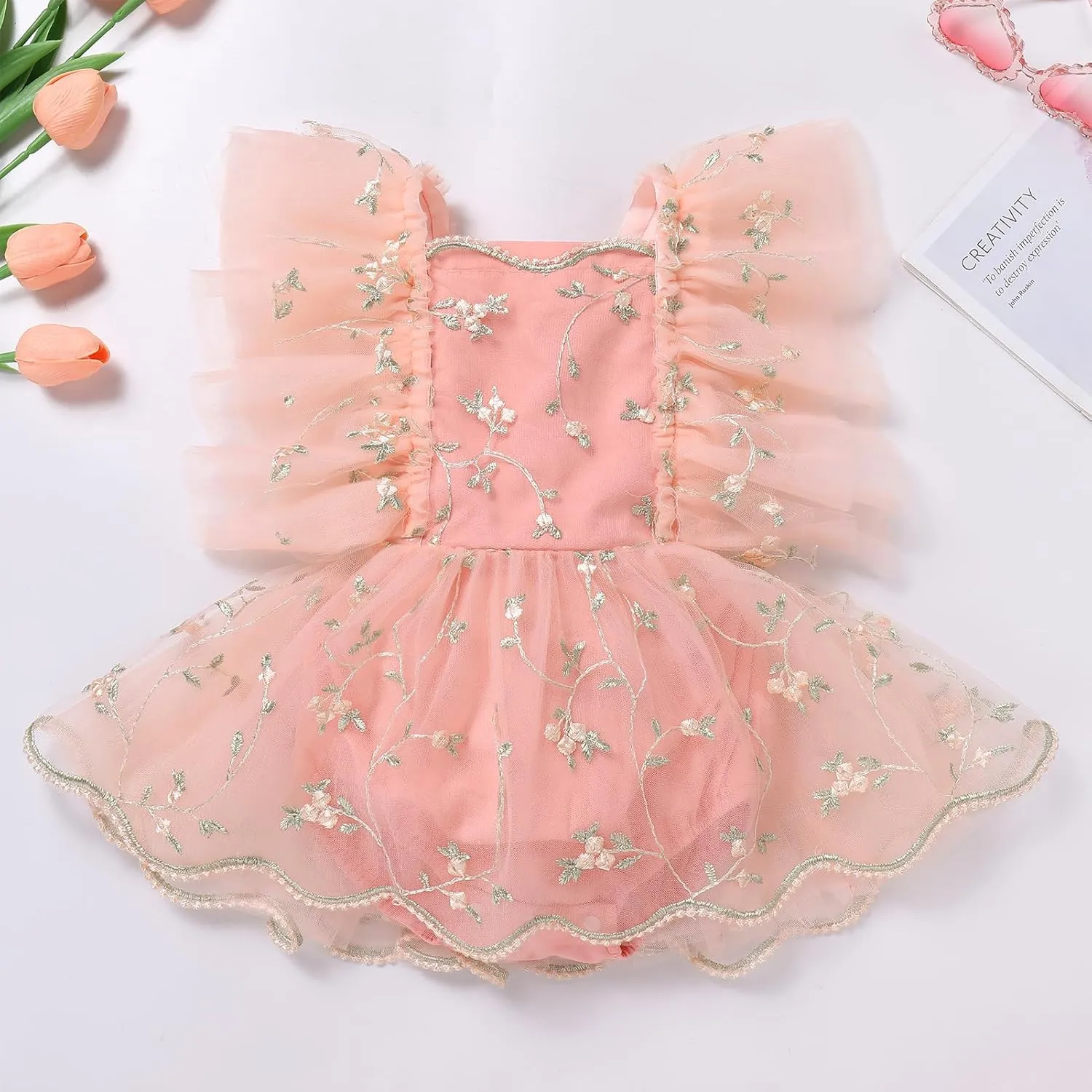 ODASDO Baby Girl Floral Embroidery Tulle Tutu Princess Romper Dress First Birthday Cake Smash Outfit with Bowknot Headband