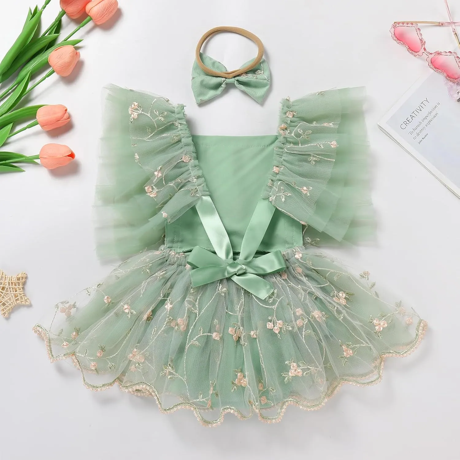 ODASDO Baby Girl Floral Embroidery Tulle Tutu Princess Romper Dress First Birthday Cake Smash Outfit with Bowknot Headband
