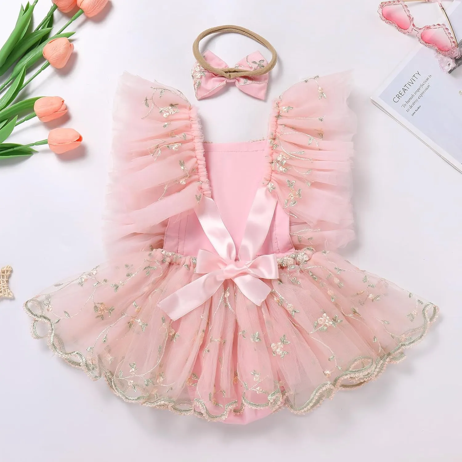 ODASDO Baby Girl Floral Embroidery Tulle Tutu Princess Romper Dress First Birthday Cake Smash Outfit with Bowknot Headband