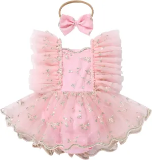ODASDO Baby Girl Floral Embroidery Tulle Tutu Princess Romper Dress First Birthday Cake Smash Outfit with Bowknot Headband