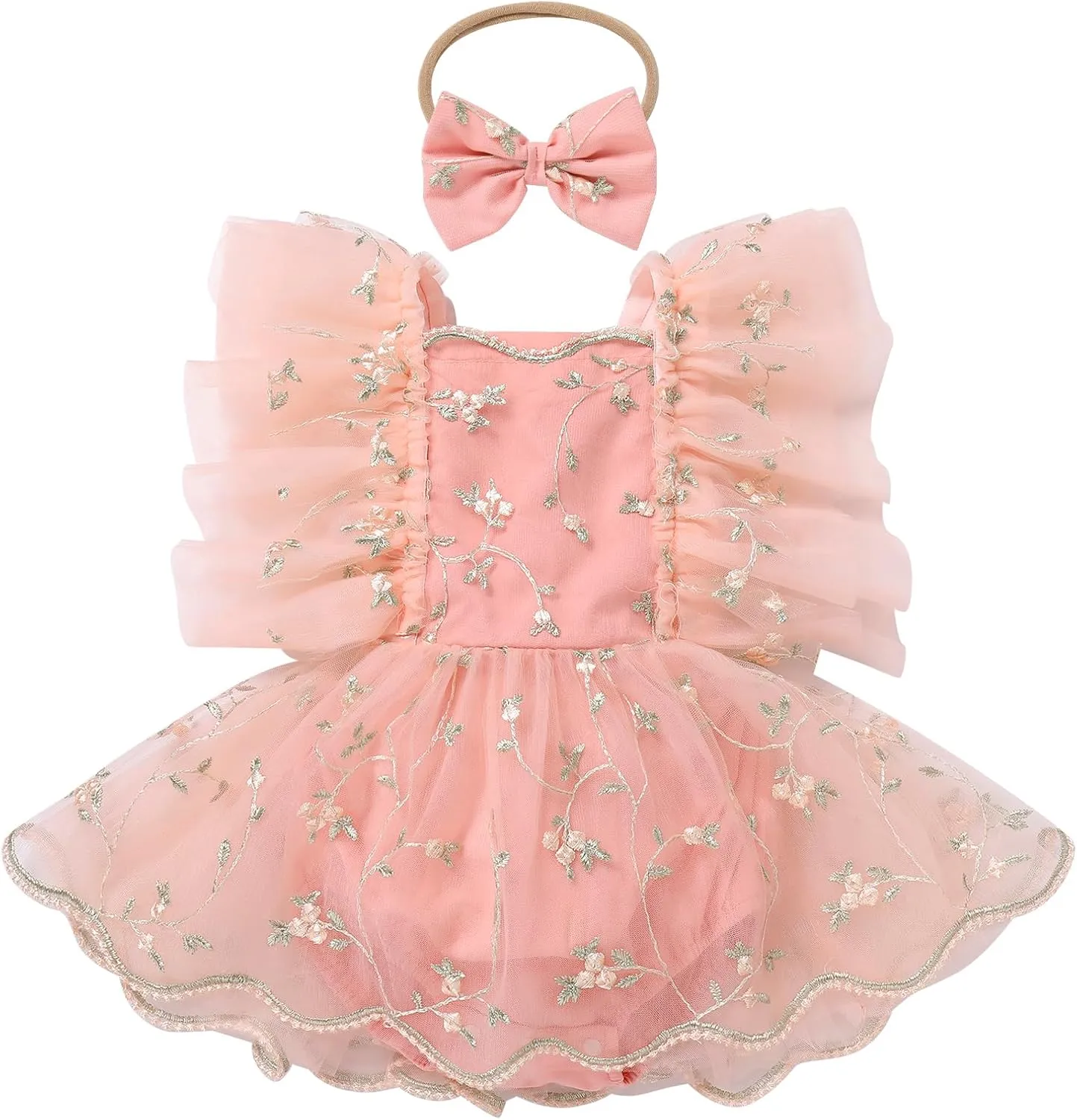 ODASDO Baby Girl Floral Embroidery Tulle Tutu Princess Romper Dress First Birthday Cake Smash Outfit with Bowknot Headband