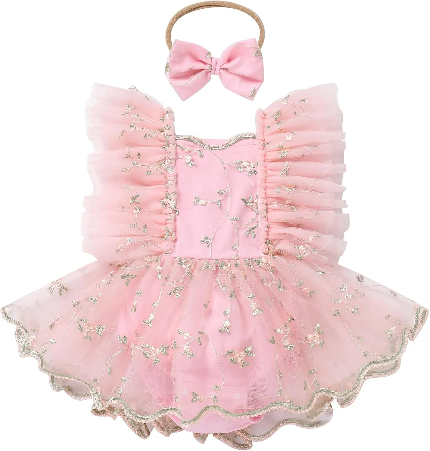 ODASDO Baby Girl Floral Embroidery Tulle Tutu Princess Romper Dress First Birthday Cake Smash Outfit with Bowknot Headband
