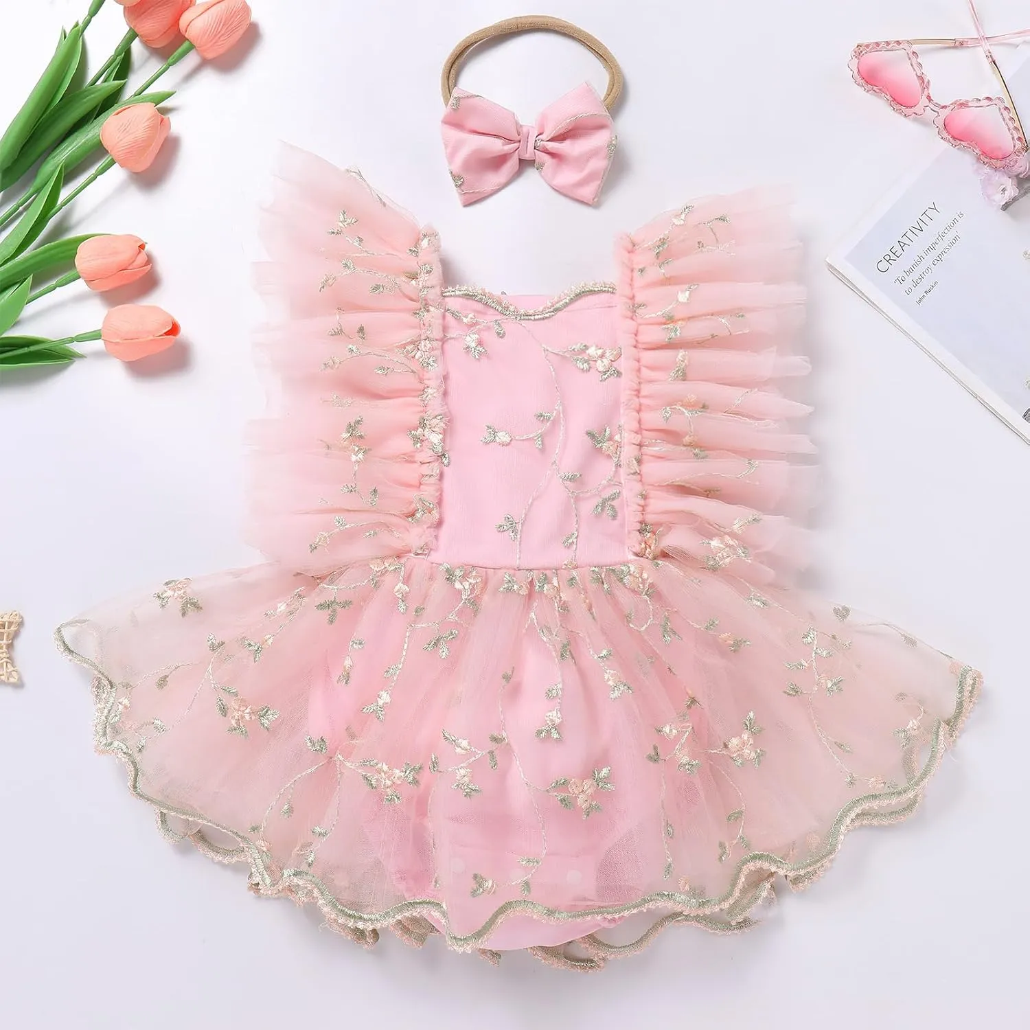 ODASDO Baby Girl Floral Embroidery Tulle Tutu Princess Romper Dress First Birthday Cake Smash Outfit with Bowknot Headband
