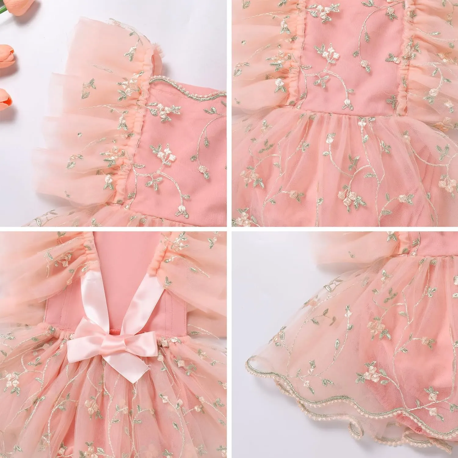ODASDO Baby Girl Floral Embroidery Tulle Tutu Princess Romper Dress First Birthday Cake Smash Outfit with Bowknot Headband