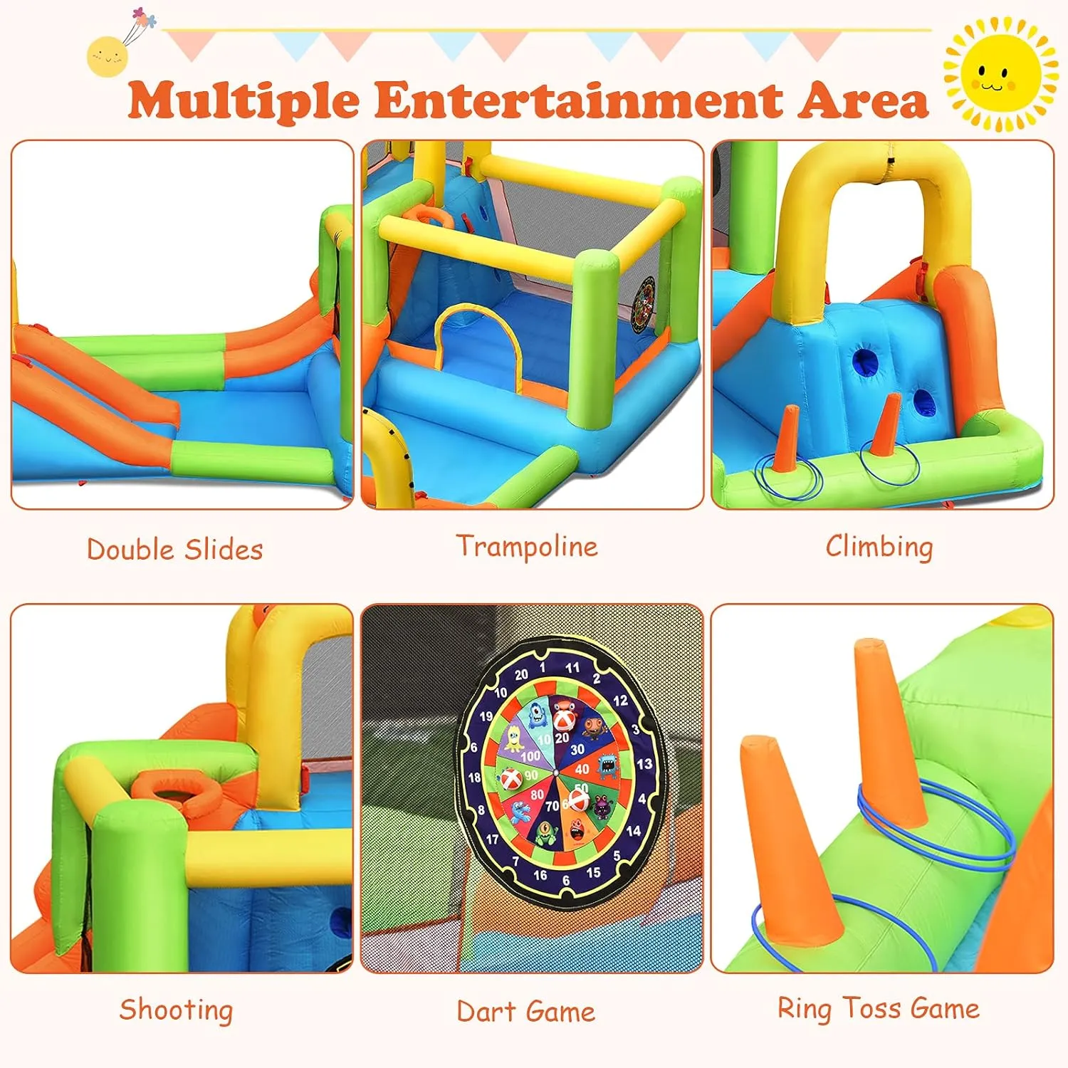 OLAKIDS Inflatable Water Slide, 7 in 1 Bounce House with 2 Slides Climbing Wall Splash Pool 2 Ring Columns Water Gun, Outdoor Water Park Inflatable Obstacle Course with Carrying Bag Blower