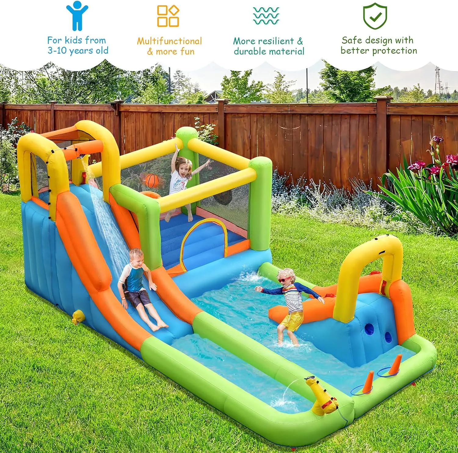 OLAKIDS Inflatable Water Slide, 7 in 1 Bounce House with 2 Slides Climbing Wall Splash Pool 2 Ring Columns Water Gun, Outdoor Water Park Inflatable Obstacle Course with Carrying Bag Blower