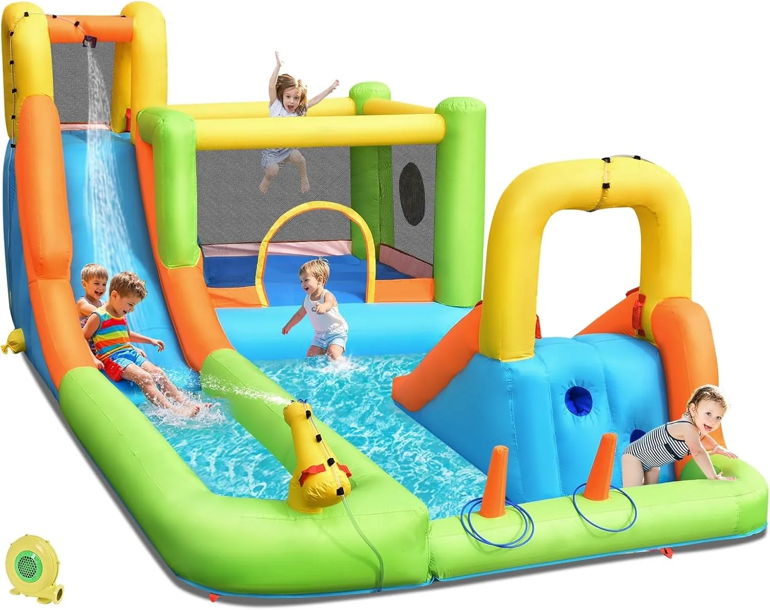OLAKIDS Inflatable Water Slide, 7 in 1 Bounce House with 2 Slides Climbing Wall Splash Pool 2 Ring Columns Water Gun, Outdoor Water Park Inflatable Obstacle Course with Carrying Bag Blower
