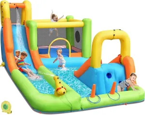 OLAKIDS Inflatable Water Slide, 7 in 1 Bounce House with 2 Slides Climbing Wall Splash Pool 2 Ring Columns Water Gun, Outdoor Water Park Inflatable Obstacle Course with Carrying Bag Blower