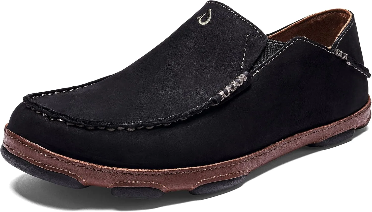 OLUKAI Moloa Men's Premium Leather Shoes, Easy Slip On & Off Design, Casual & Versatile Loafer, Drop-in Heel & Enhanced Traction, Black/Toffee, 11.5