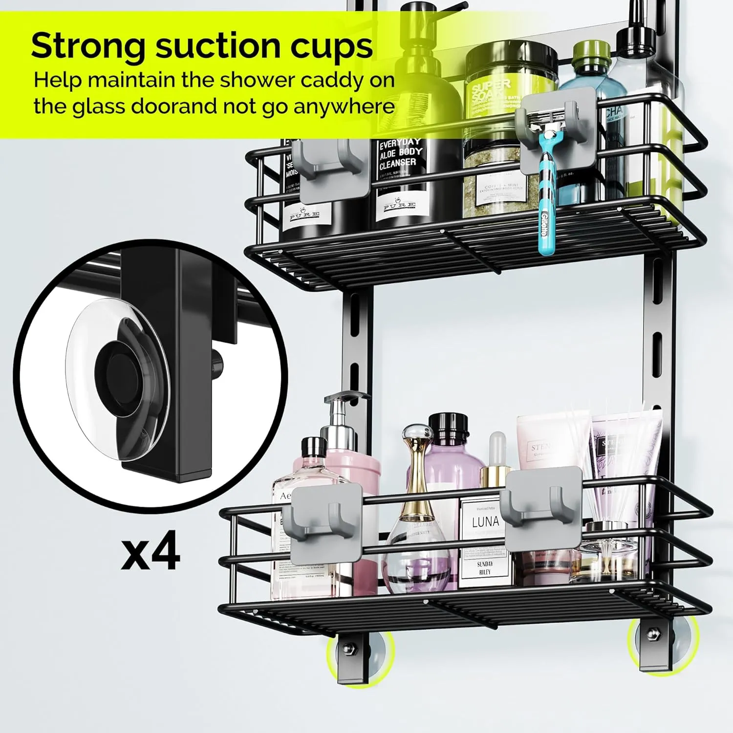 Orimade Over The Door Shower Caddy Adjustable 3 Tier Black,Bathroom Hanging Organizer Shelf Rustproof with 4 Hooks,Shower Basket with Soap Holder and Suction Cup