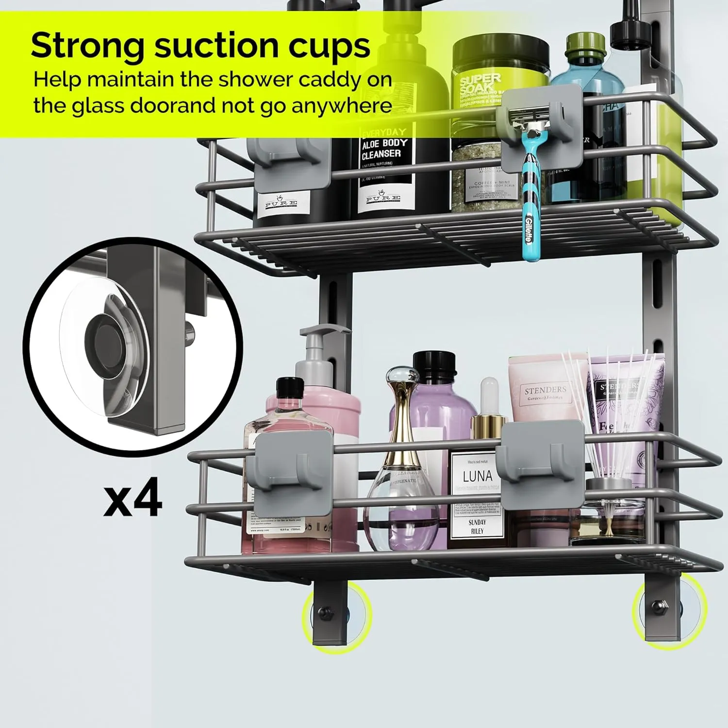 Orimade Over the Door Shower Caddy Adjustable 3 Tier Dark Grey,Bathroom Hanging Organizer Shelf Rustproof with 4 Hooks,Shower Basket with Soap Holder and Suction Cup