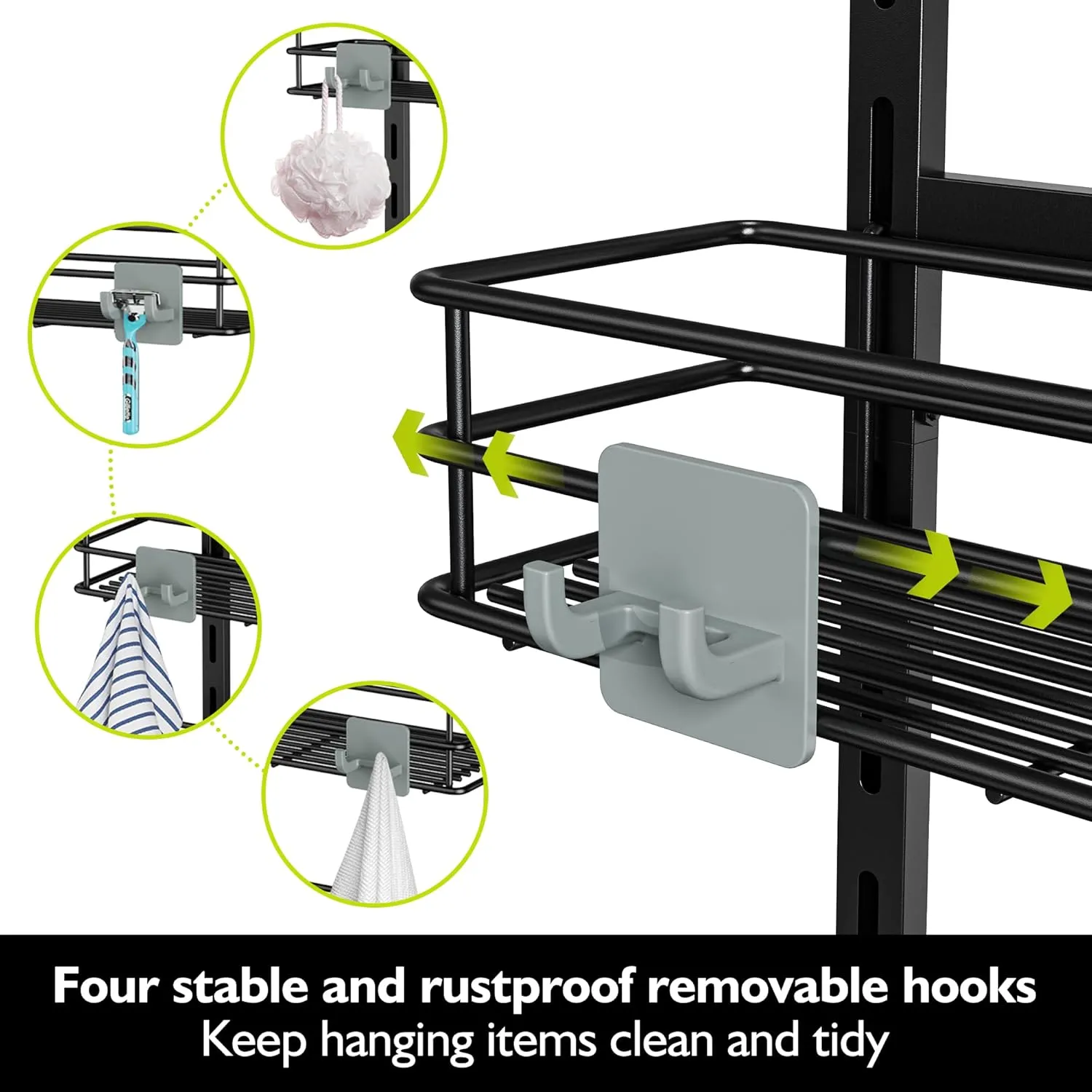 Orimade Over The Door Shower Caddy Adjustable 5 Tier Black,Bathroom Hanging Organizer Shelf Rustproof with 4 Hooks,Shower Basket with Soap Holder and Suction Cup