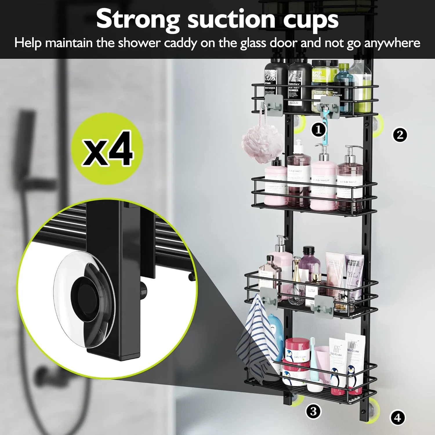 Orimade Over The Door Shower Caddy Adjustable 5 Tier Black,Bathroom Hanging Organizer Shelf Rustproof with 4 Hooks,Shower Basket with Soap Holder and Suction Cup