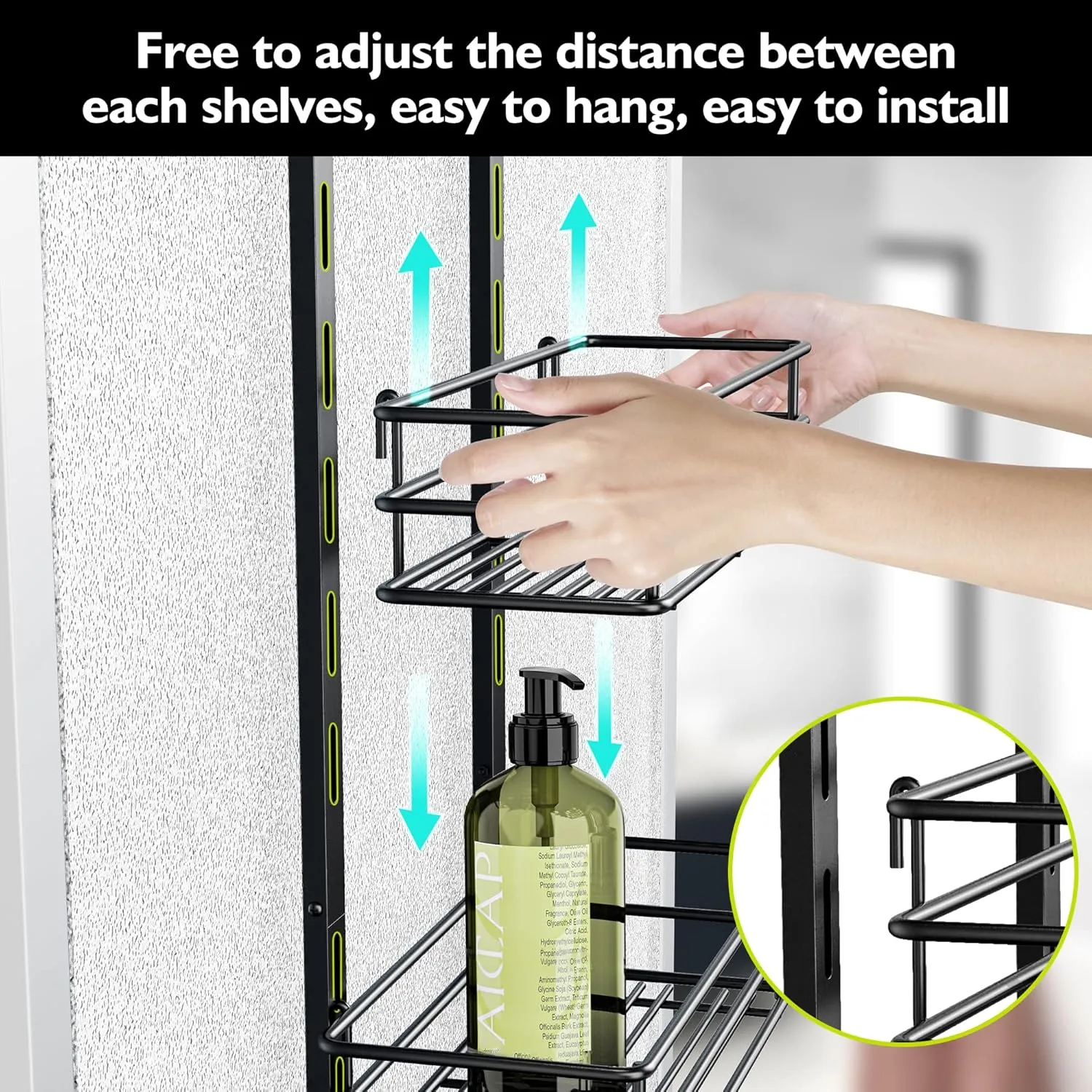 Orimade Over The Door Shower Caddy Adjustable 5 Tier Black,Bathroom Hanging Organizer Shelf Rustproof with 4 Hooks,Shower Basket with Soap Holder and Suction Cup