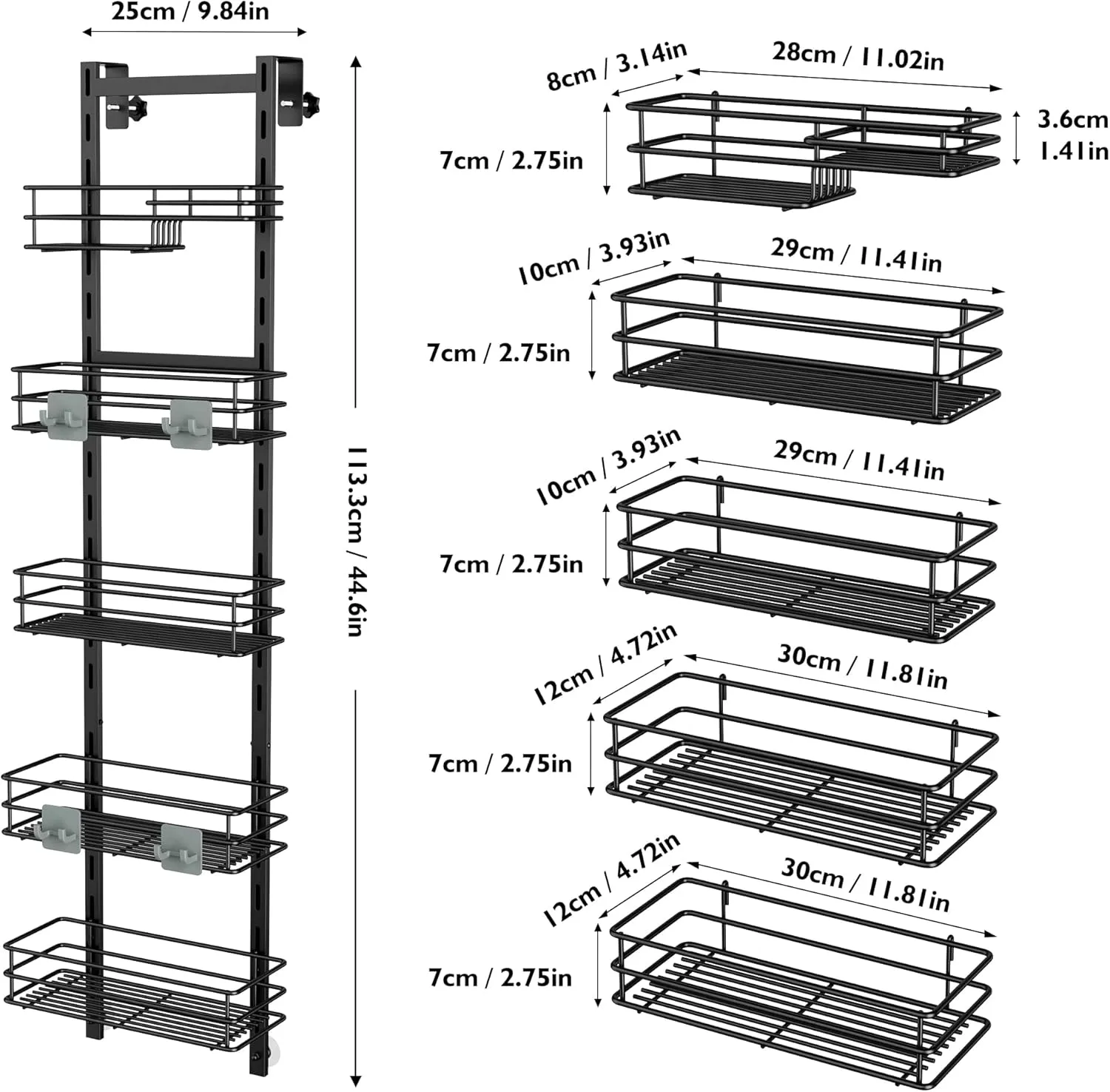 Orimade Over The Door Shower Caddy Adjustable 5 Tier Black,Bathroom Hanging Organizer Shelf Rustproof with 4 Hooks,Shower Basket with Soap Holder and Suction Cup