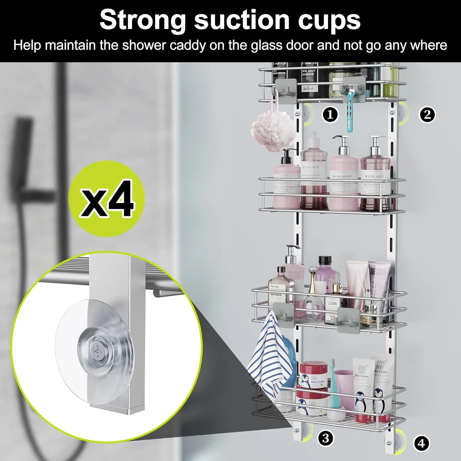 Orimade Over the Door Shower Caddy Adjustable 5 Tier Silver Grey,Bathroom Hanging Organizer Shelf Rustproof with 4 Hooks,Shower Basket with Soap Holder and Suction Cup