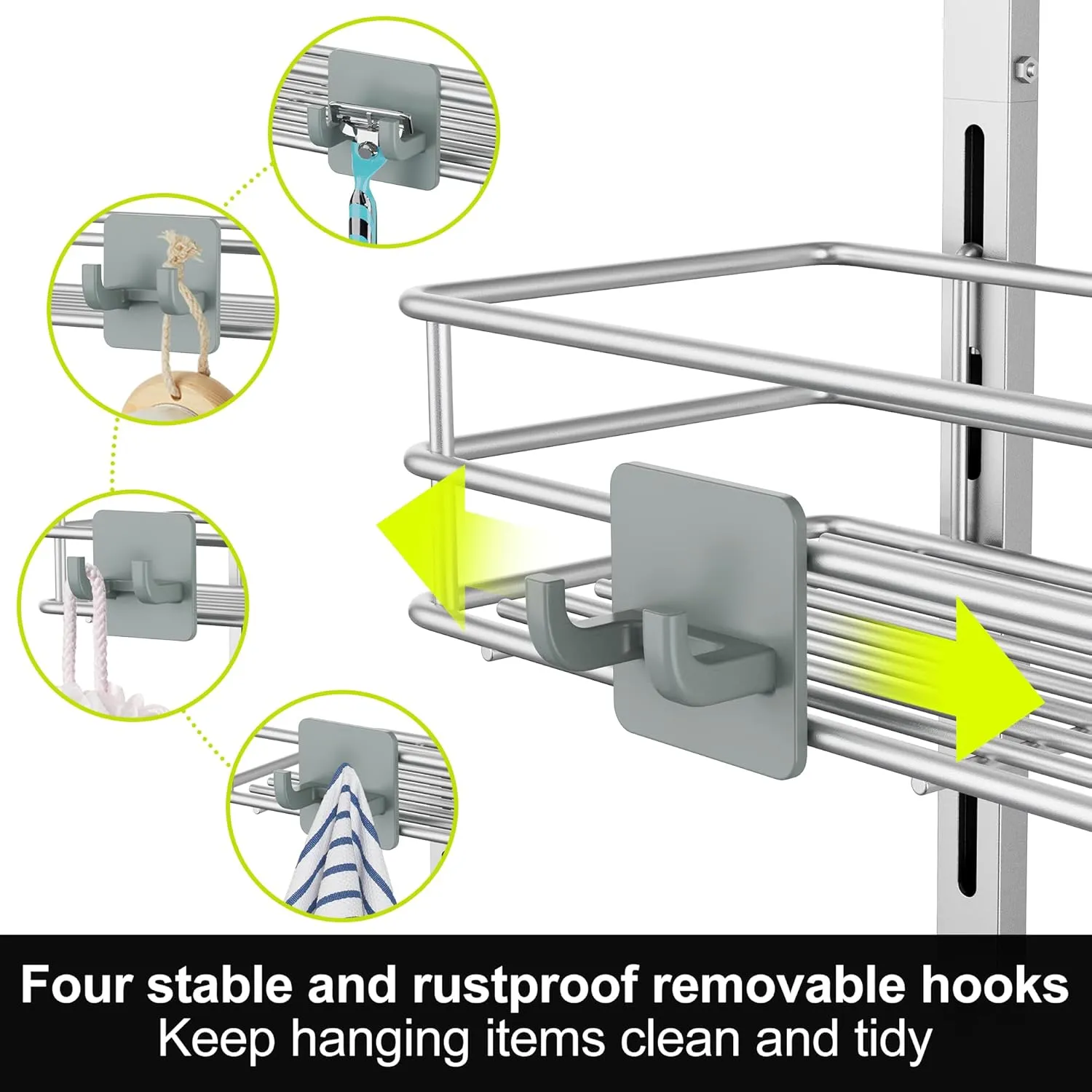 Orimade Over the Door Shower Caddy Adjustable 5 Tier Silver Grey,Bathroom Hanging Organizer Shelf Rustproof with 4 Hooks,Shower Basket with Soap Holder and Suction Cup