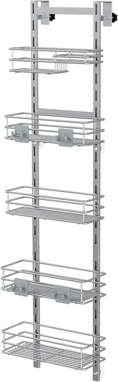 Orimade Over the Door Shower Caddy Adjustable 5 Tier Silver Grey,Bathroom Hanging Organizer Shelf Rustproof with 4 Hooks,Shower Basket with Soap Holder and Suction Cup