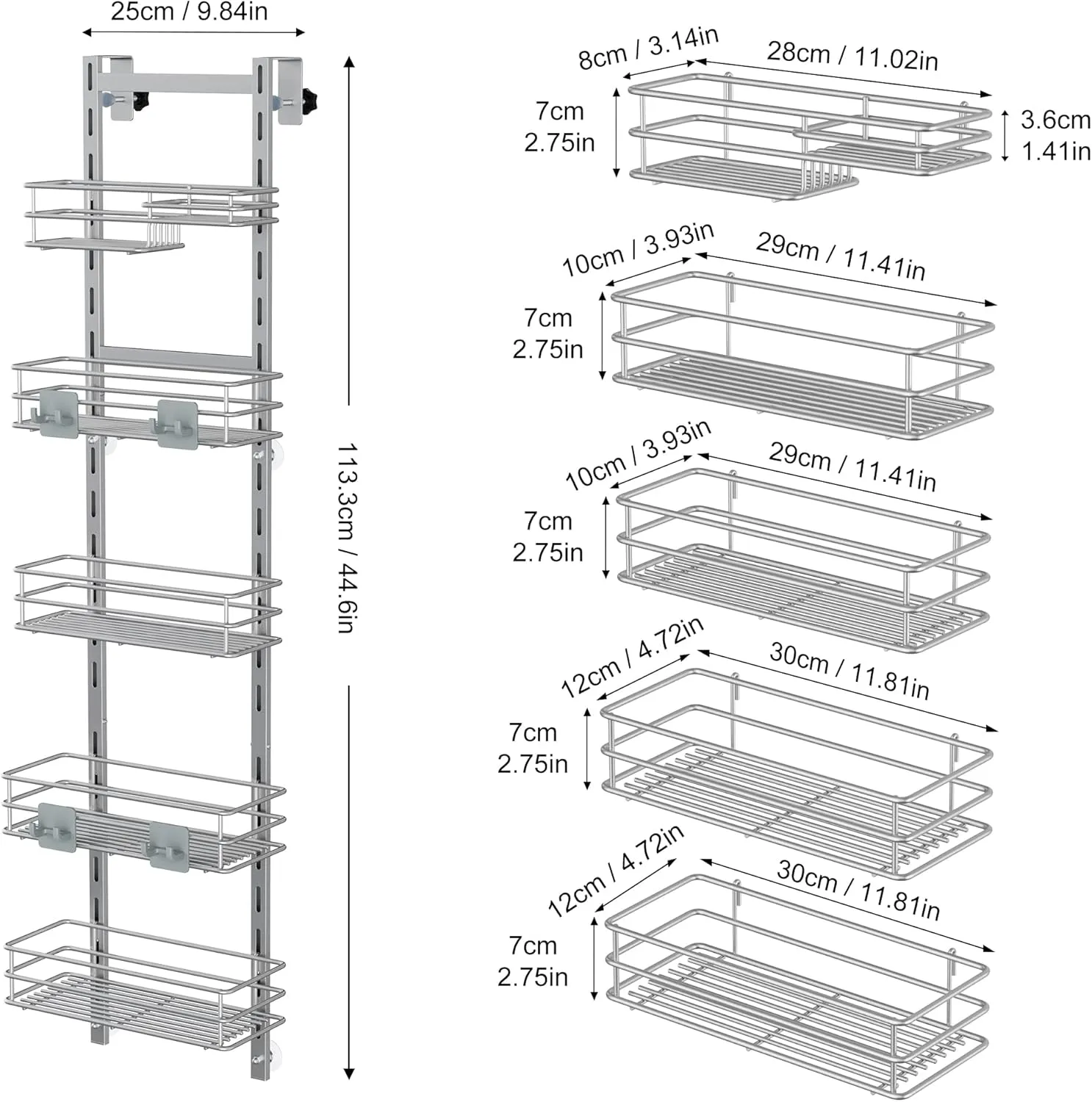Orimade Over the Door Shower Caddy Adjustable 5 Tier Silver Grey,Bathroom Hanging Organizer Shelf Rustproof with 4 Hooks,Shower Basket with Soap Holder and Suction Cup