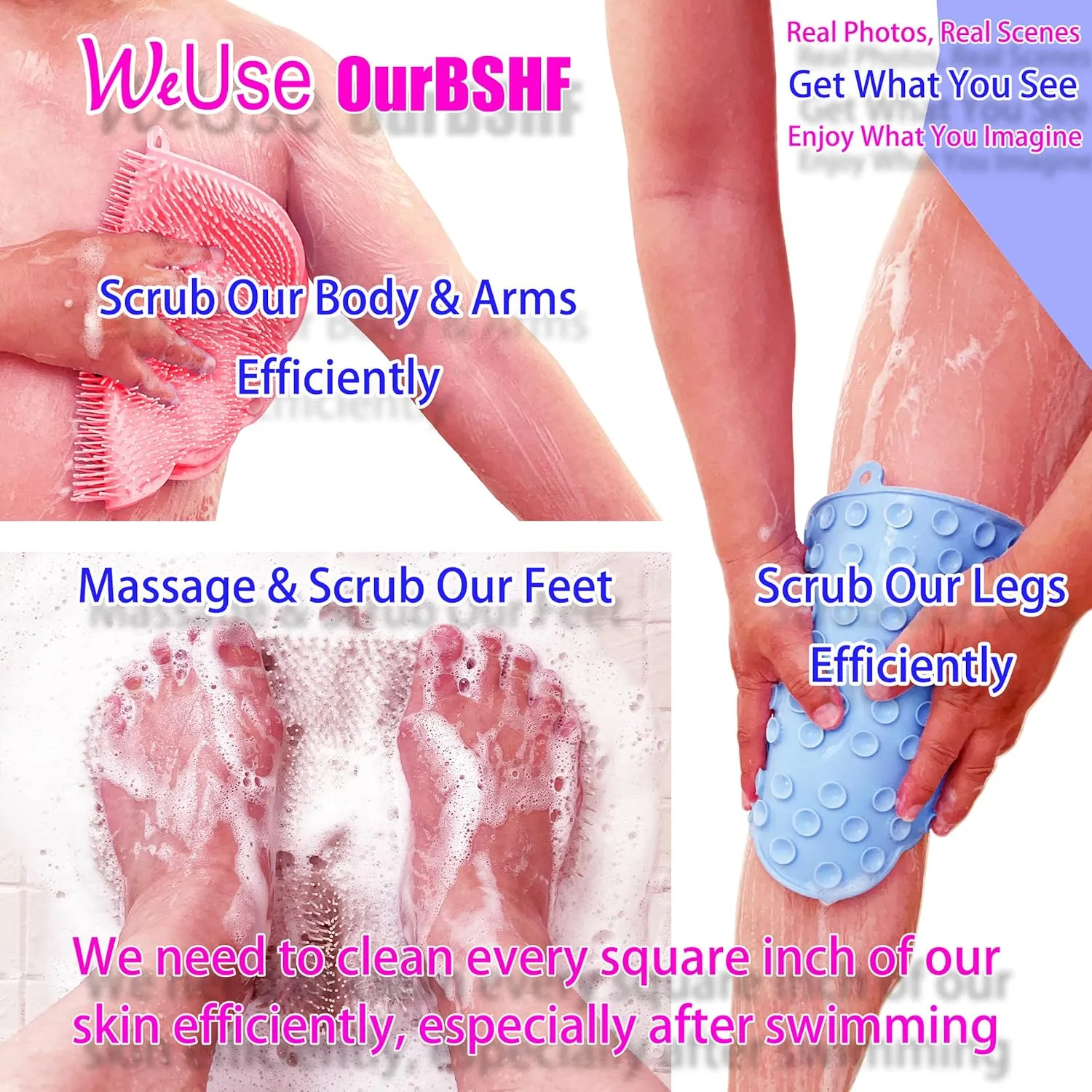 OurBSHF Back Scrubber Hands-Free for Shower. Easy to Clean Big Flat Silicone Back Washer Foot Massager Body Brush Replace Loofah Sponge. Stick to Wall to Scrub, Hang on Hook to Dry(Khaki)