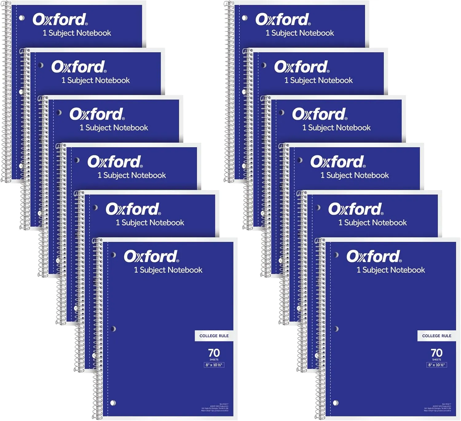 Oxford Spiral Notebook 12 Pack, Bulk College Ruled Spiral Notebooks for School, 1 Subject Journals, College Ruled Paper, 8 x 10-1/2 Inches, 3-Hole Punch, Blue Covers, 70 Perforated Lined Sheets (65217)